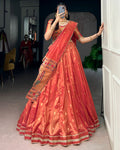 Coral Shimmer Silk Designer Lehenga Set for festive celebrations and wedding occasions