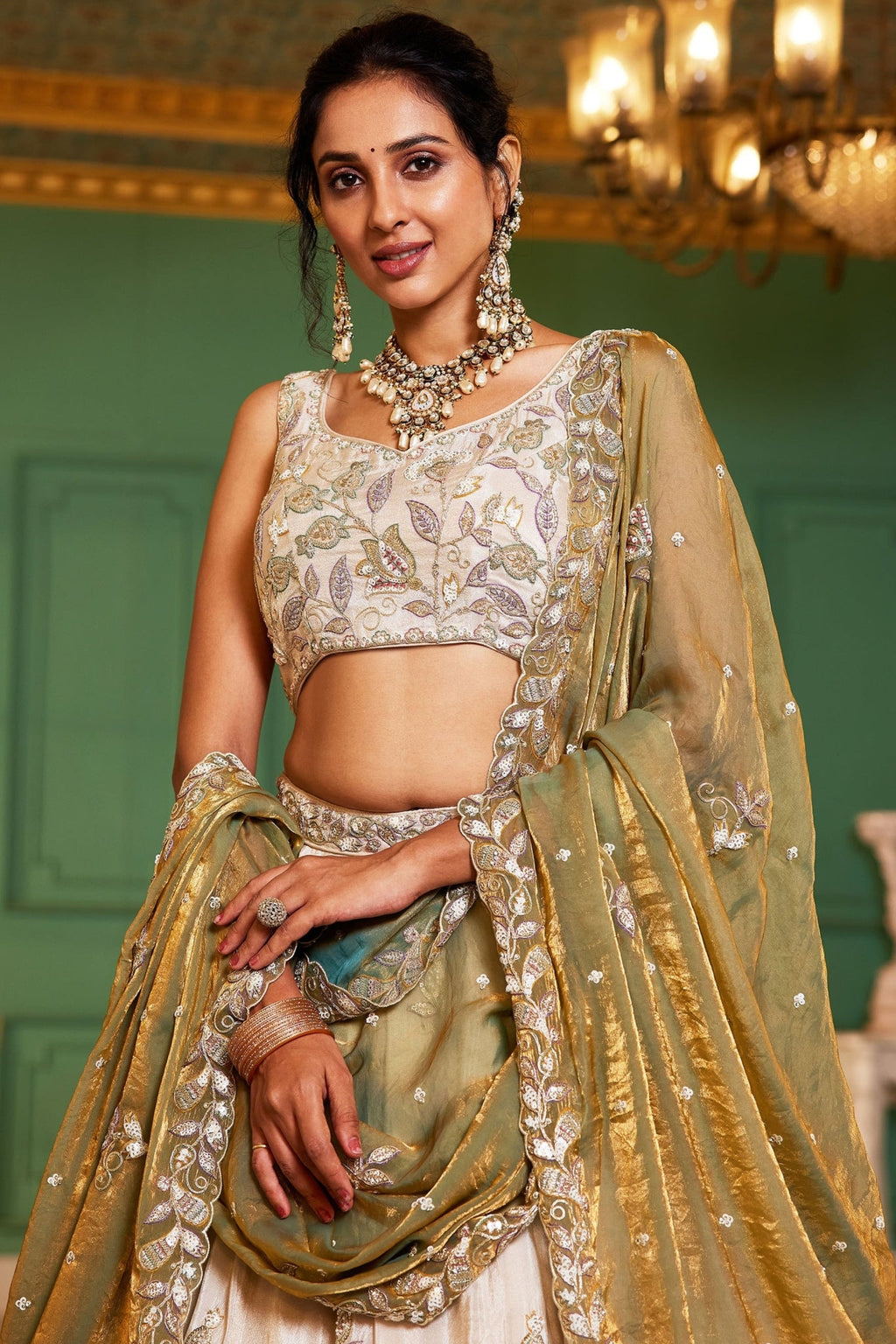 Premium Pure Tissue Ivory Cream Designer Lehenga Choli With Sage Green Fendi Dupatta
