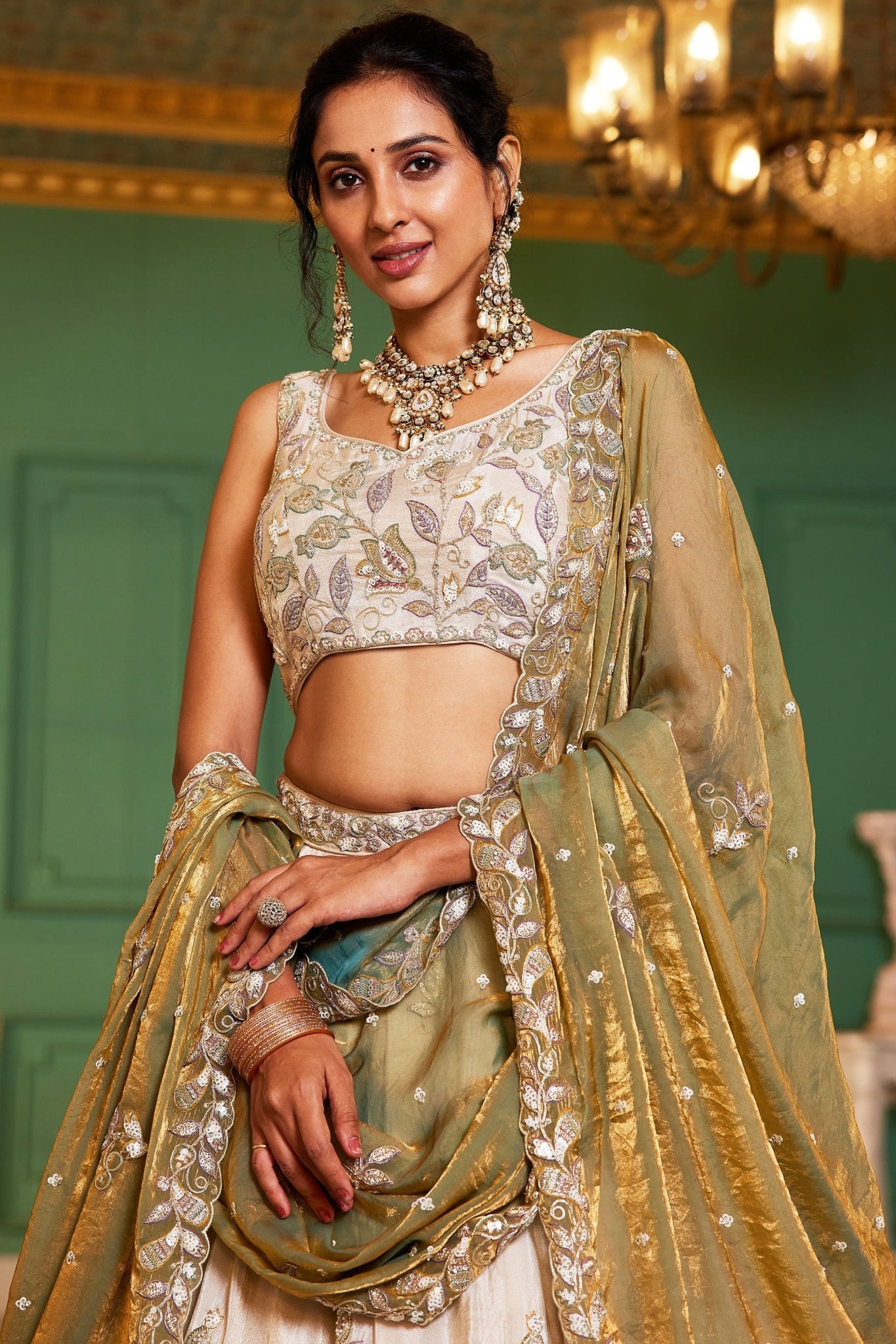 Premium Pure Tissue Ivory Cream Designer Lehenga Choli With Sage Green Fendi Dupatta