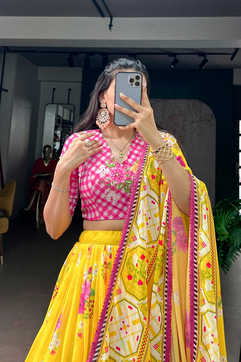 Designer Yellow Floral Georgette Lehenga Choli With Handwork Blouse & Printed Dupatta For Women
