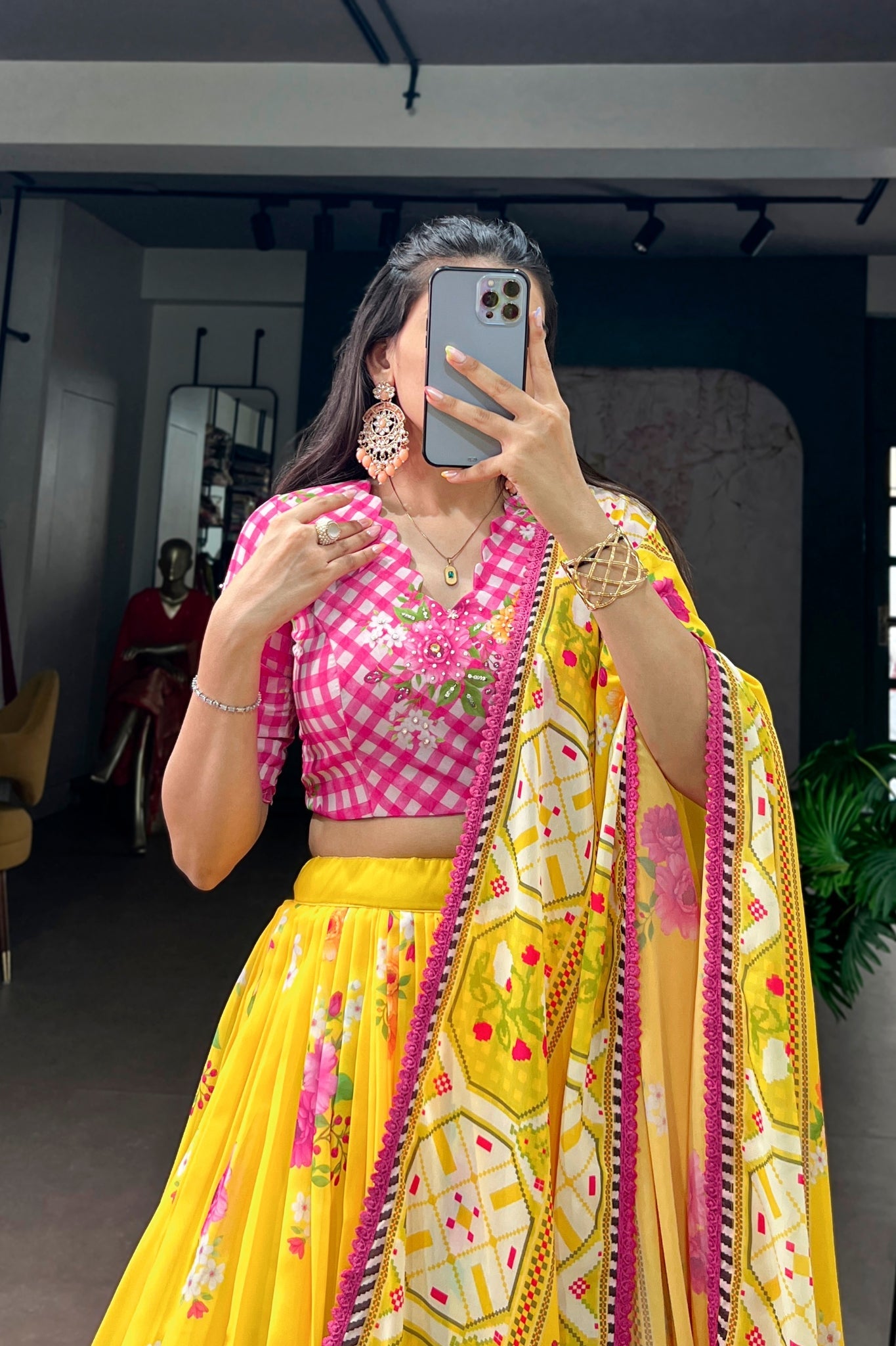 Designer Yellow Floral Georgette Lehenga Choli With Handwork Blouse & Printed Dupatta For Women