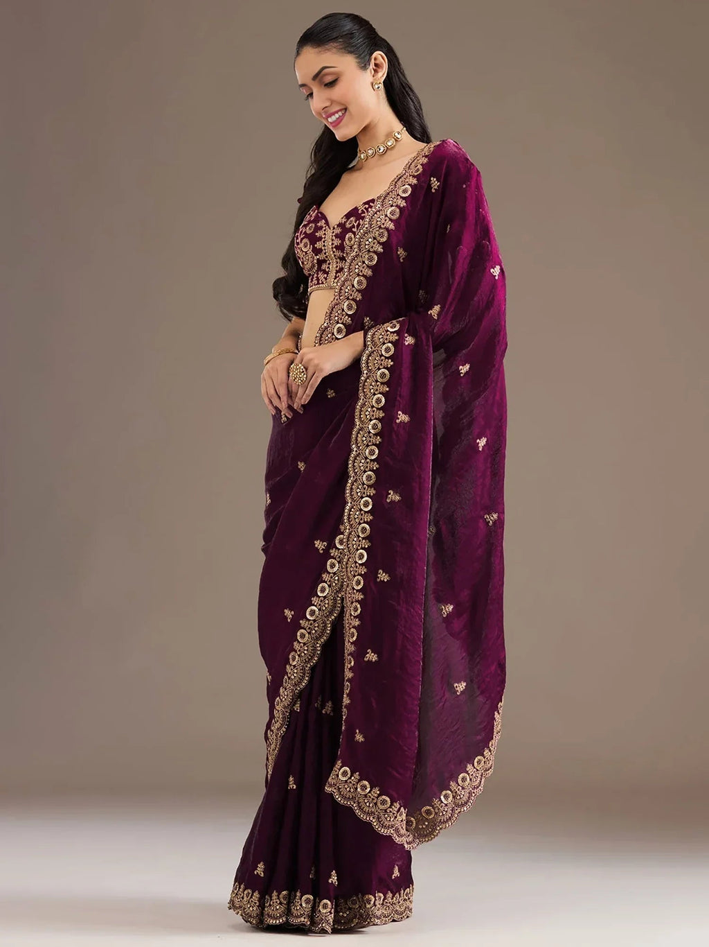 Wine Elegant Embroidered Tissue Silk Party Wear Saree With Blouse