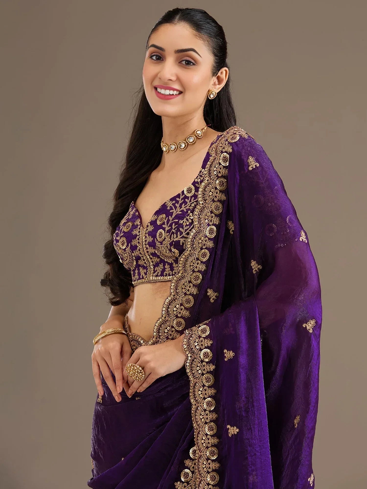 Purple Elegant Embroidered Tissue Silk Party Wear Saree With Blouse