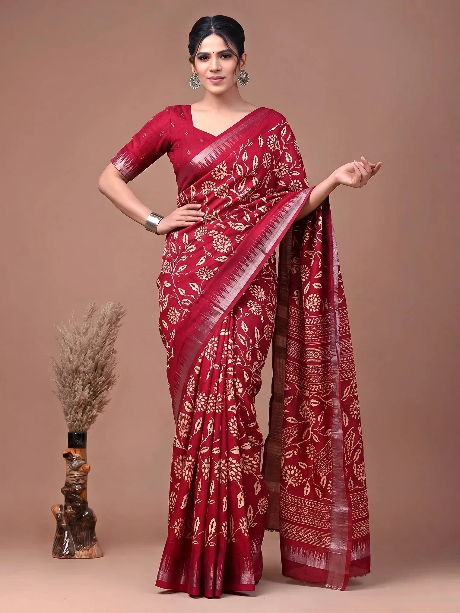 Red Majestic Floral Printed Silk Casual Wear Saree With Blouse