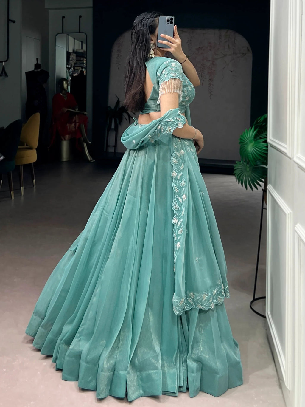Stunning Sea Green Bead Work Organza Mehendi Wear Lehenga With Blouse