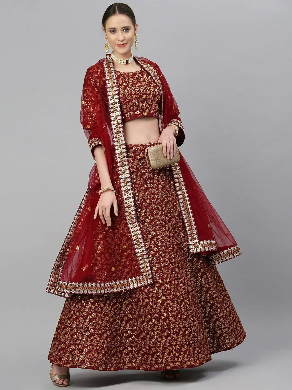 Maroon & Golden Semi-Stitched Myntra Bridal Lehenga & Unstitched Blouse with Dupatta