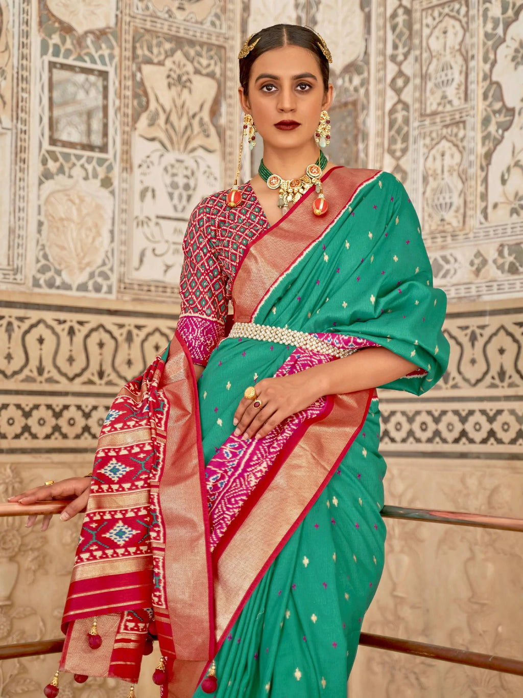 Awesome Green Cotton Patola Printed Traditional Saree With Blouse