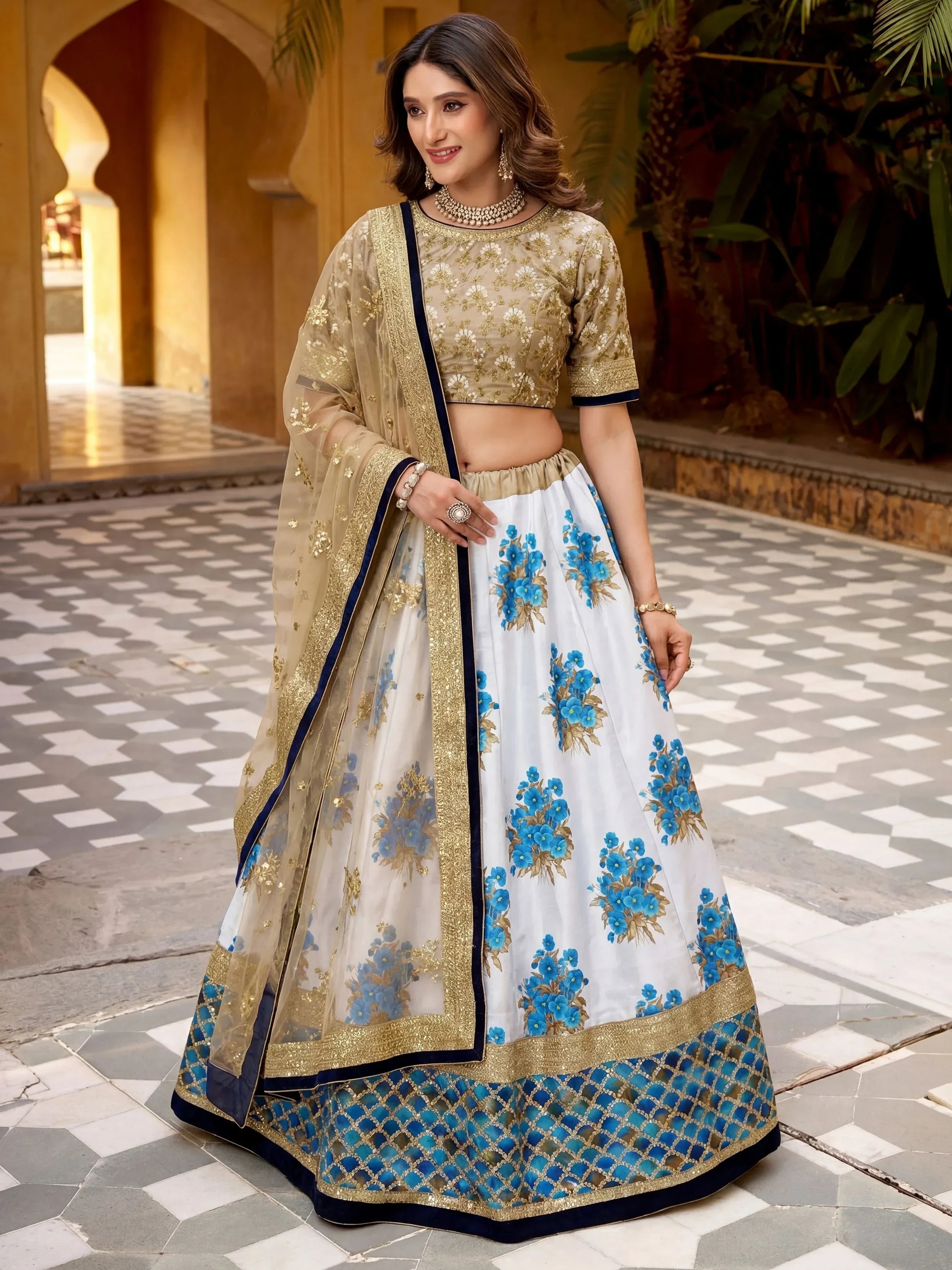 Awesome & Taupe Embroidered Semi-Stitched Myntra Lehenga & Unstitched Blouse with Dupatta