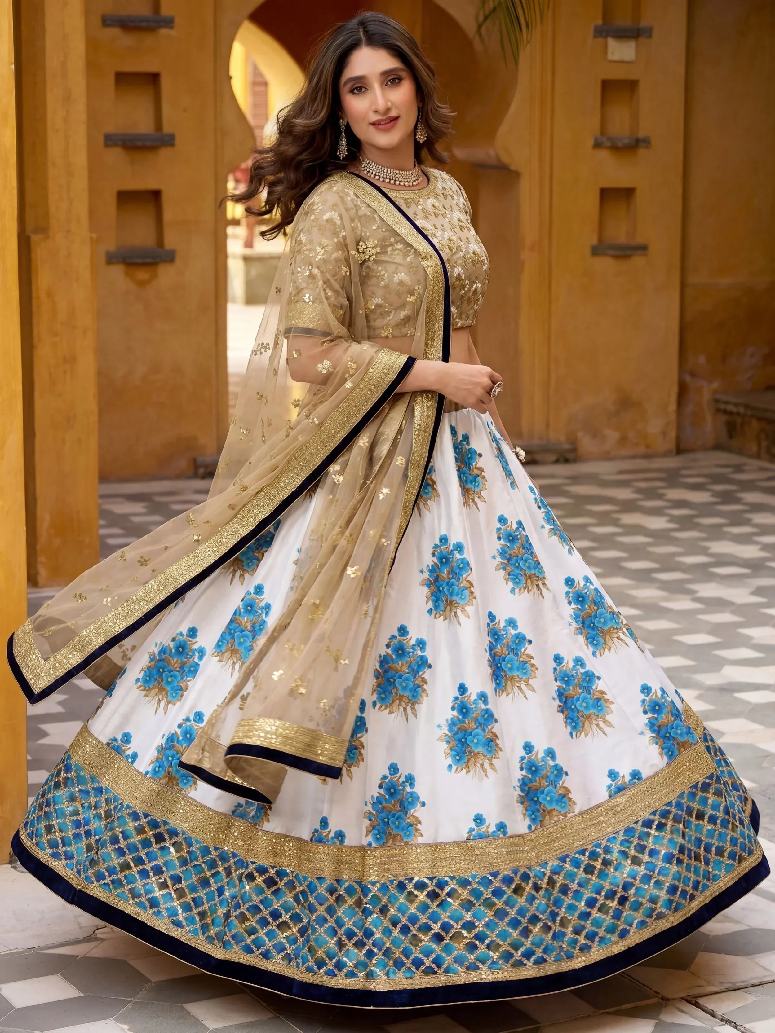 Awesome & Taupe Embroidered Semi-Stitched Myntra Lehenga & Unstitched Blouse with Dupatta