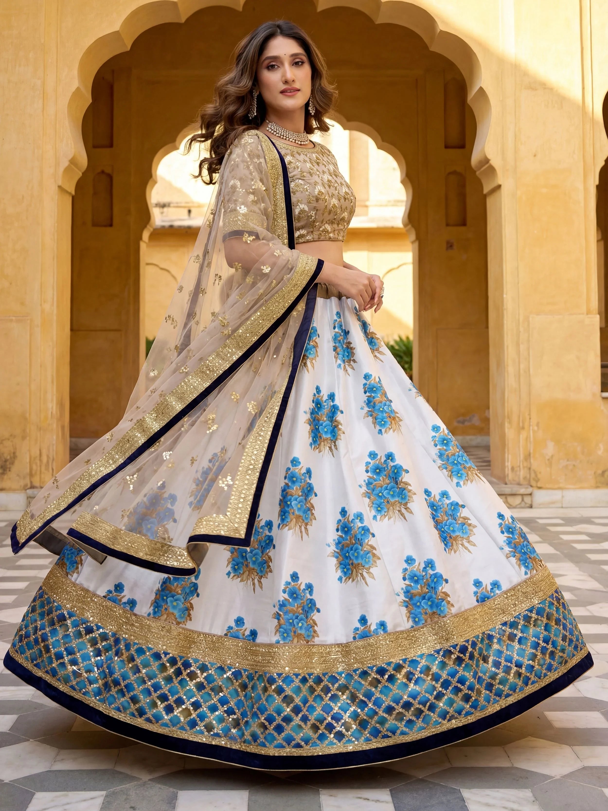Pretty & Taupe Embroidered Semi-Stitched Myntra Lehenga & Unstitched Blouse with Dupatta