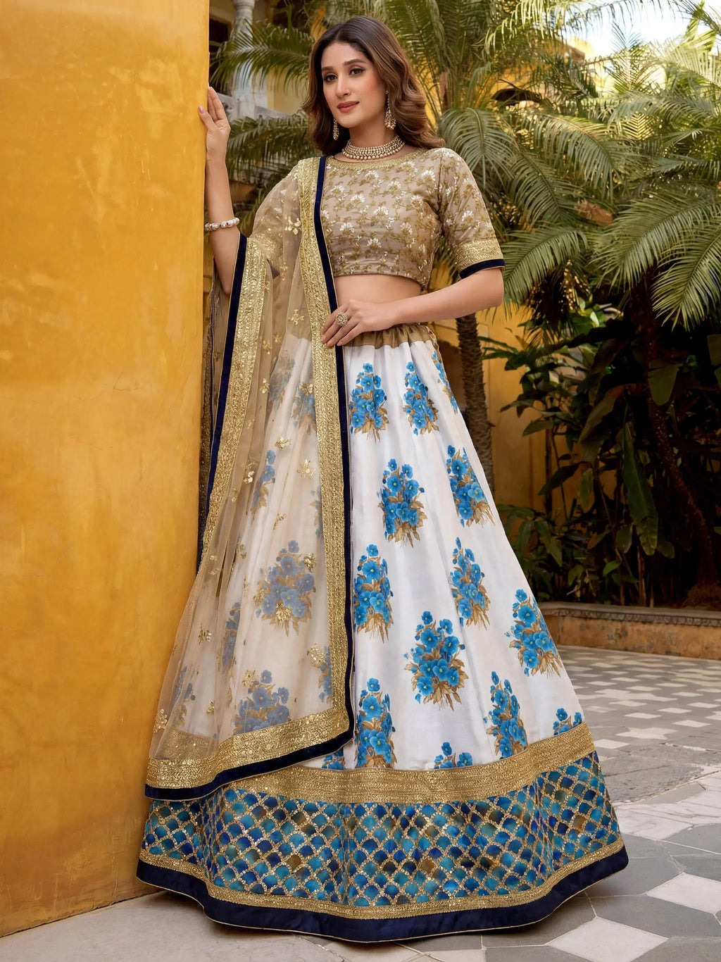 Awesome & Taupe Embroidered Semi-Stitched Myntra Lehenga & Unstitched Blouse with Dupatta
