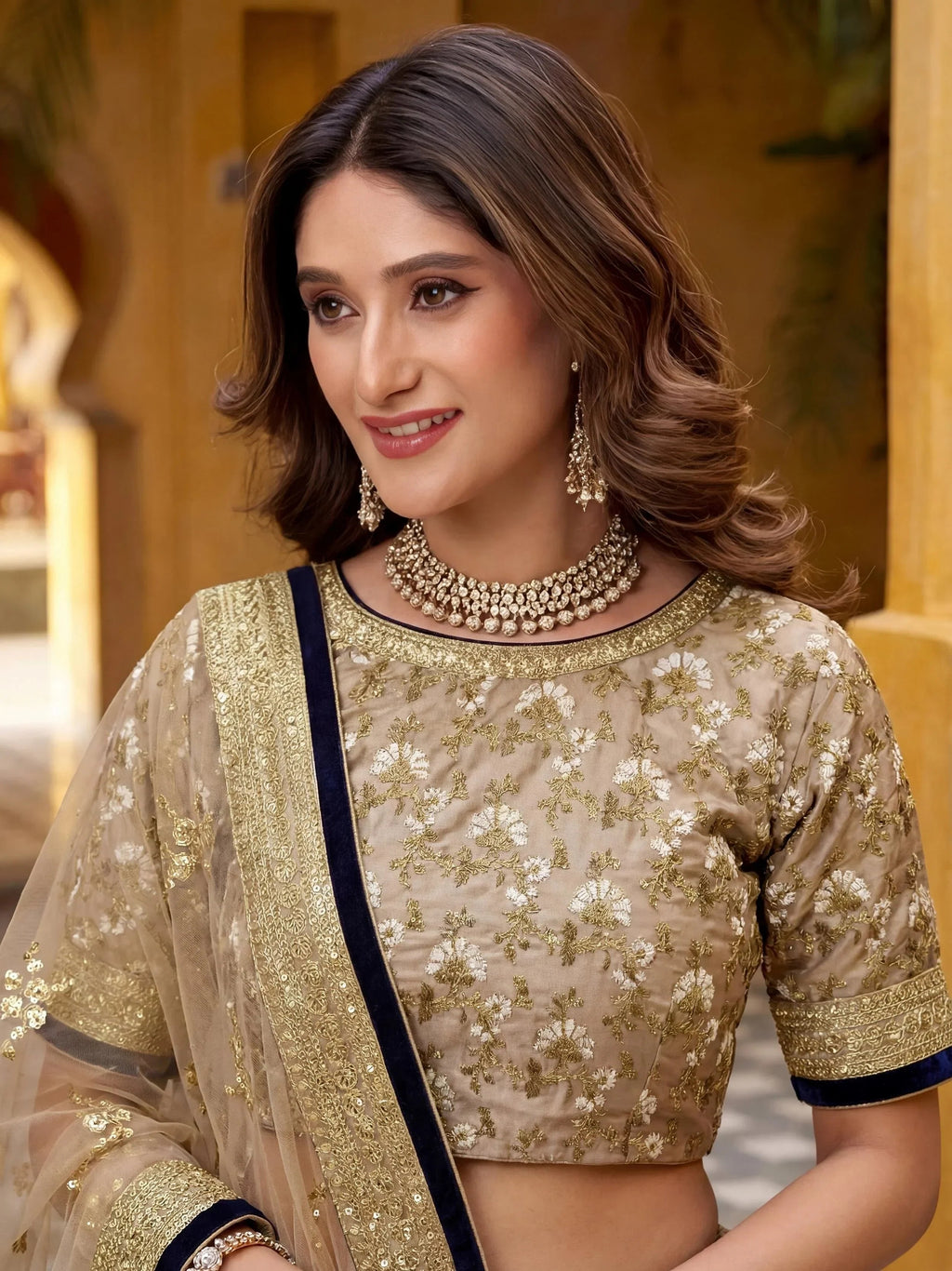 Awesome & Taupe Embroidered Semi-Stitched Myntra Lehenga & Unstitched Blouse with Dupatta