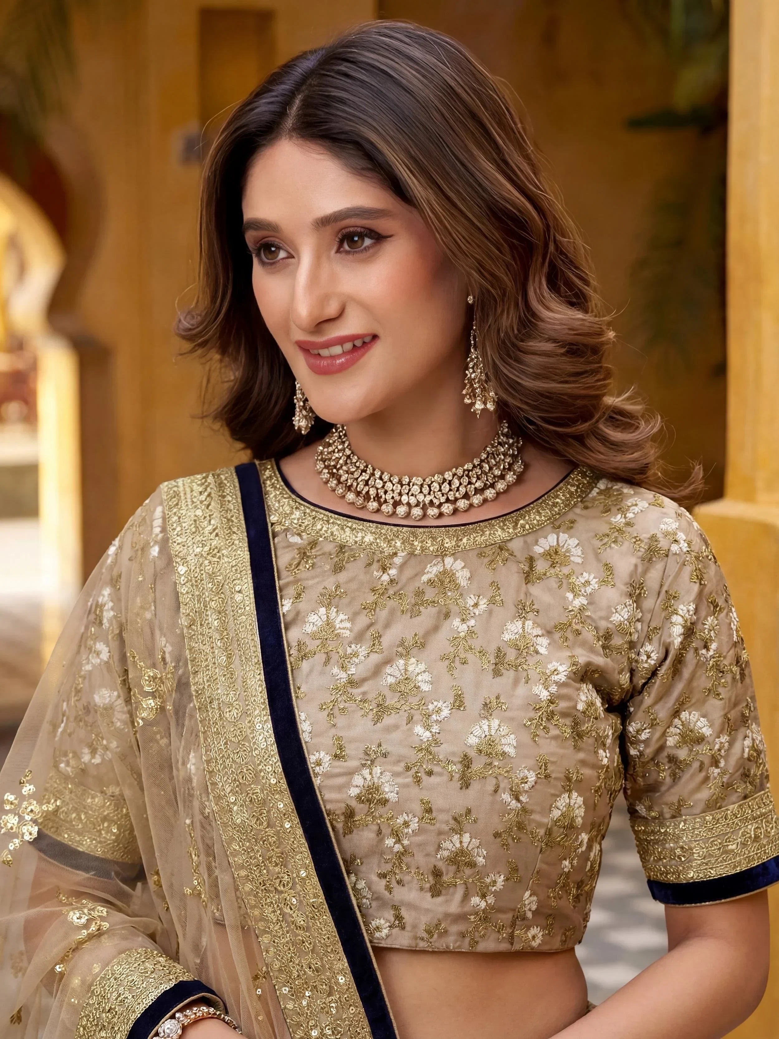 Awesome & Taupe Embroidered Semi-Stitched Myntra Lehenga & Unstitched Blouse with Dupatta