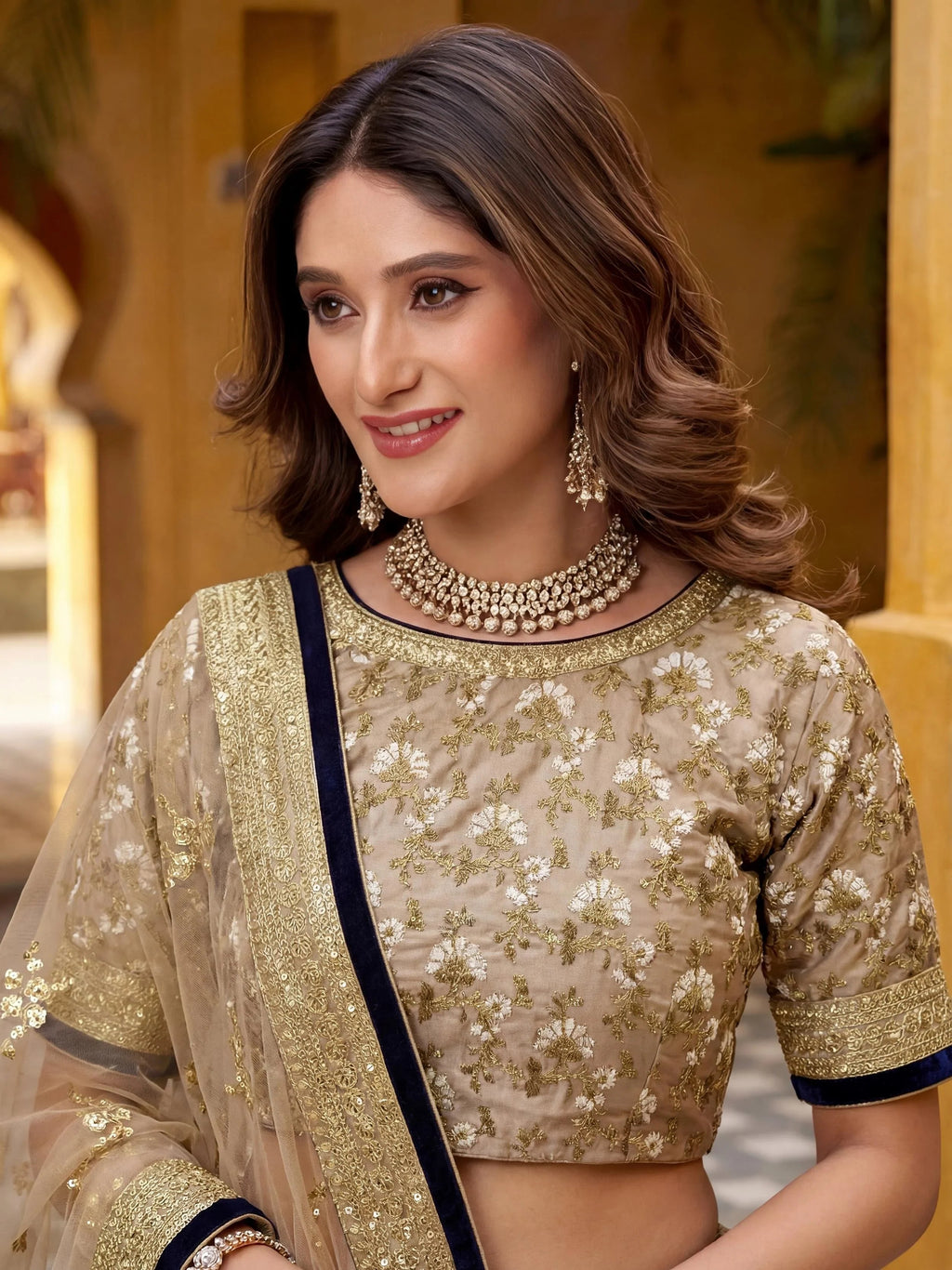 Pretty & Taupe Embroidered Semi-Stitched Myntra Lehenga & Unstitched Blouse with Dupatta