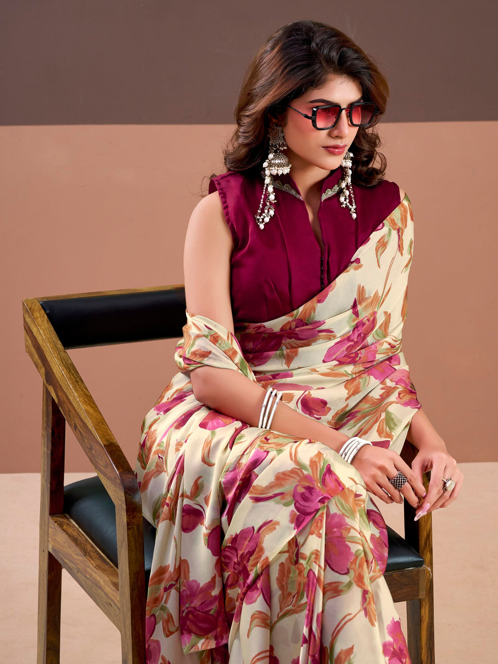 Captivating Pink Floral Printed Satin Festive Wear Saree With Blouse