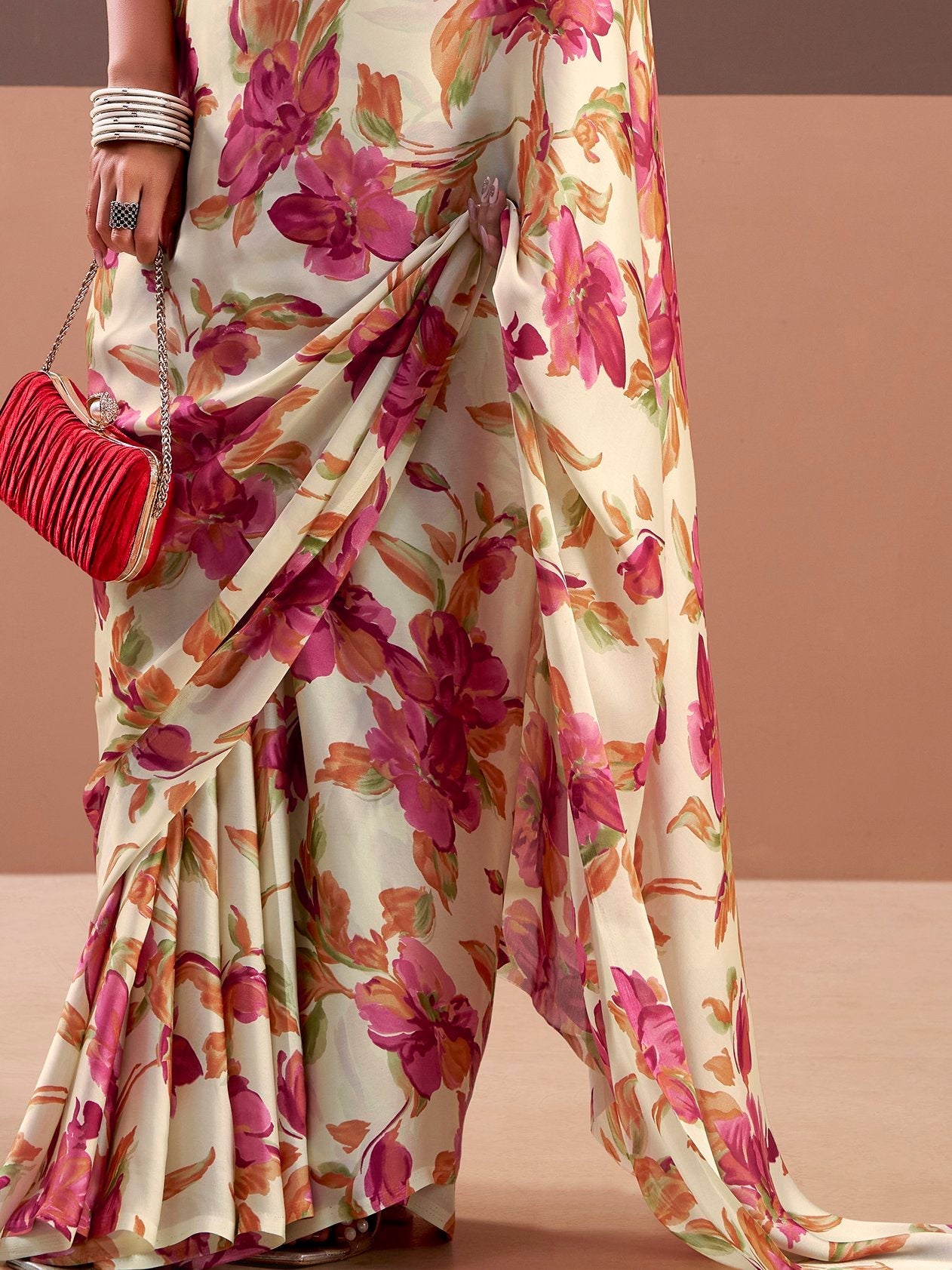 Captivating Pink Floral Printed Satin Festive Wear Saree With Blouse