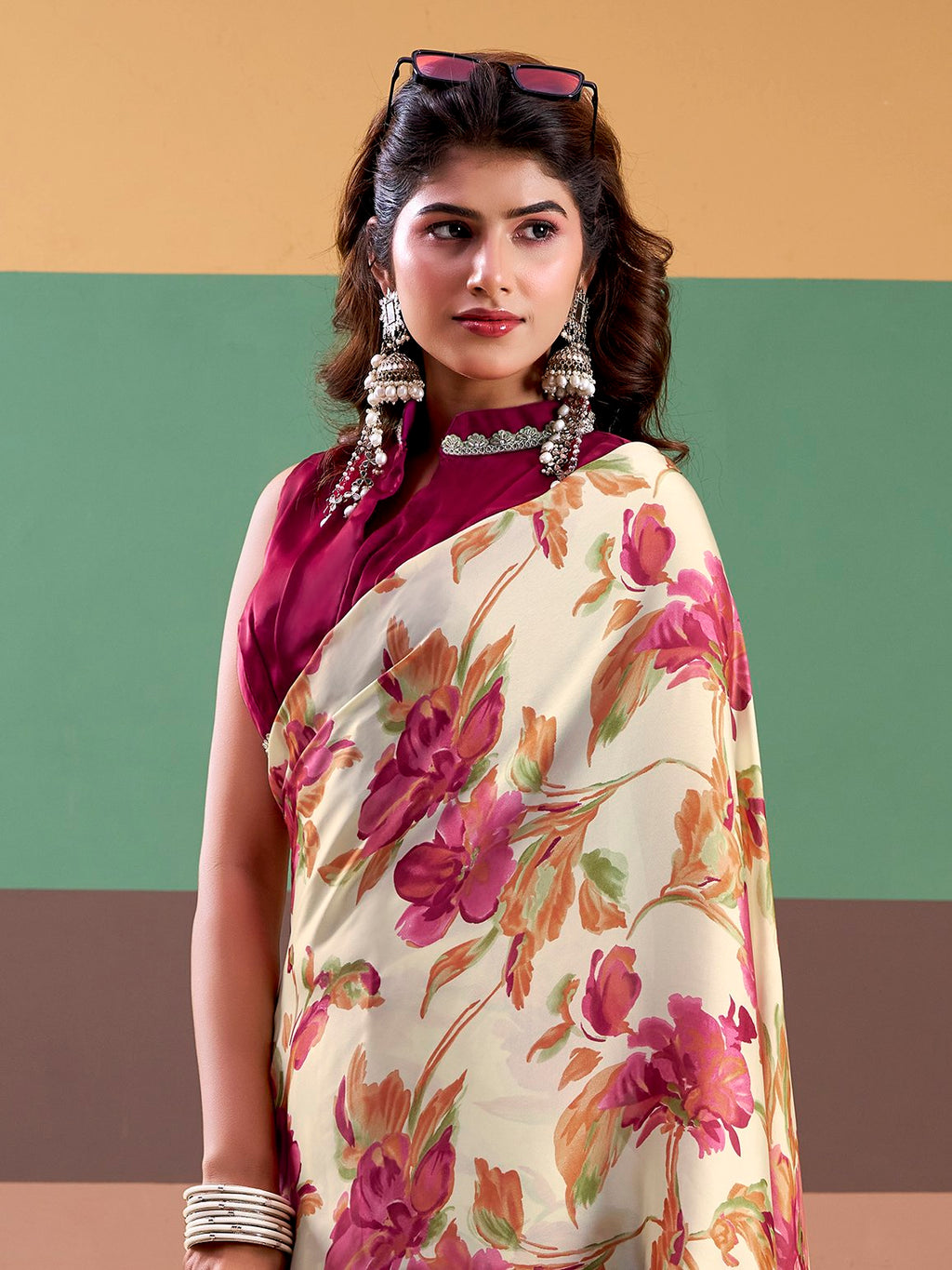 Captivating Pink Floral Printed Satin Festive Wear Saree With Blouse