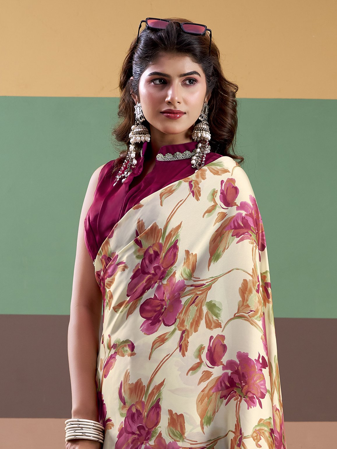 Captivating Pink Floral Printed Satin Festive Wear Saree With Blouse