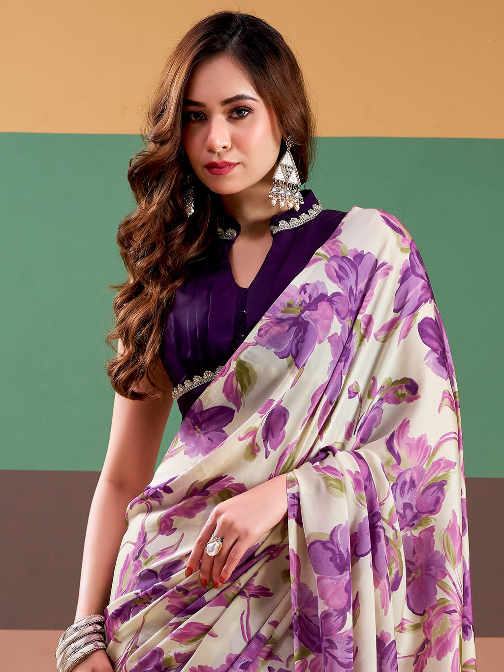 Magnetic Purple Floral Printed Satin Function Wear Saree With Blouse