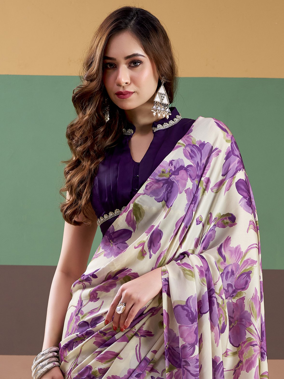 Magnetic Purple Floral Printed Satin Function Wear Saree With Blouse