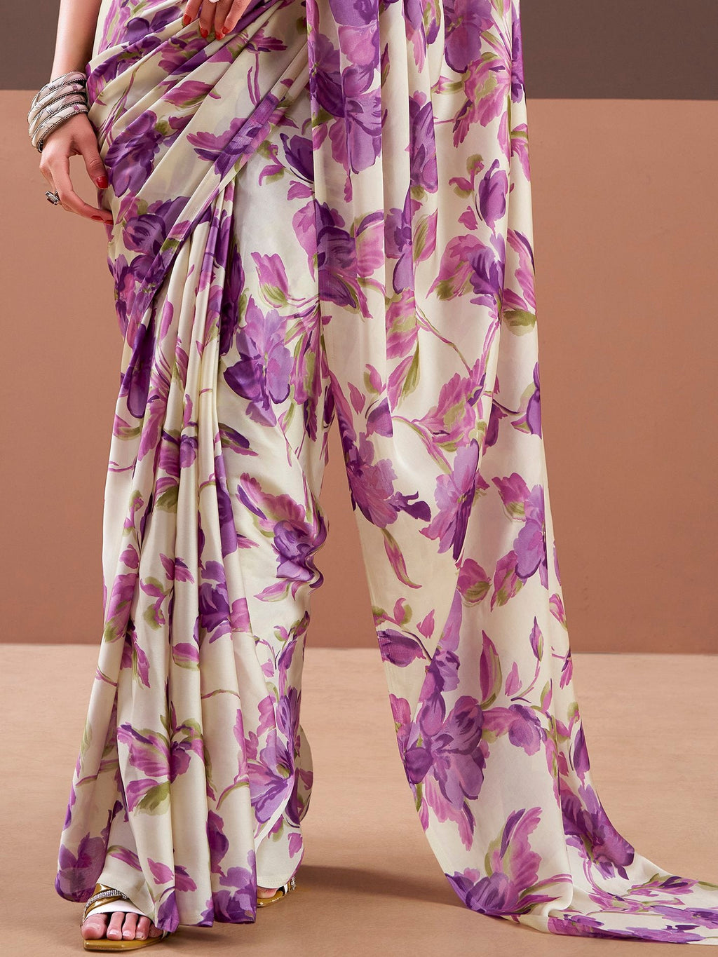 Magnetic Purple Floral Printed Satin Function Wear Saree With Blouse