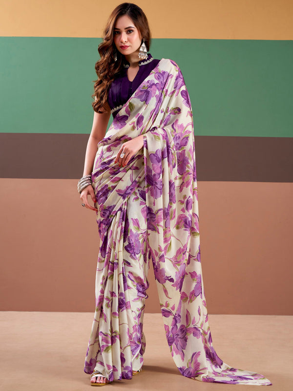 Magnetic Purple Floral Printed Satin Function Wear Saree With Blouse