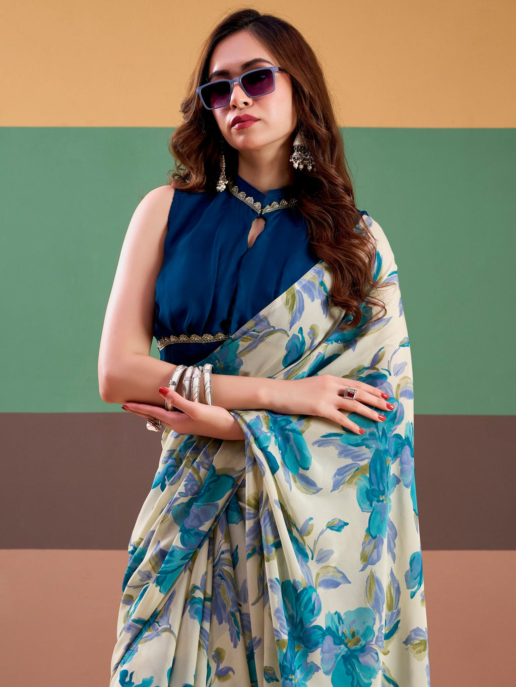 Precious Sky Blue Floral Printed Satin Casual Wear Saree With Blouse