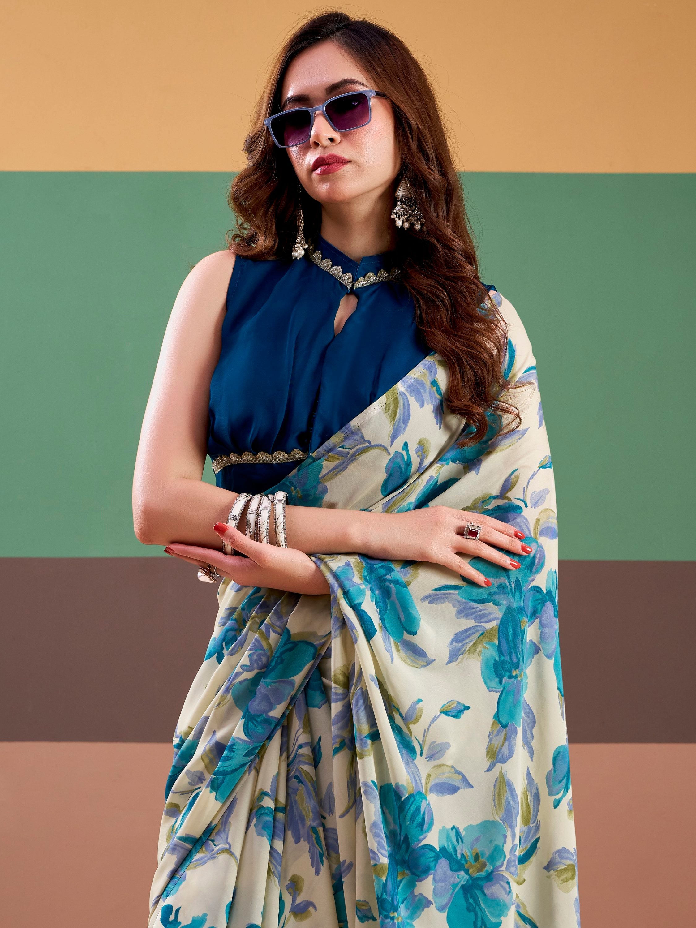 Precious Sky Blue Floral Printed Satin Casual Wear Saree With Blouse