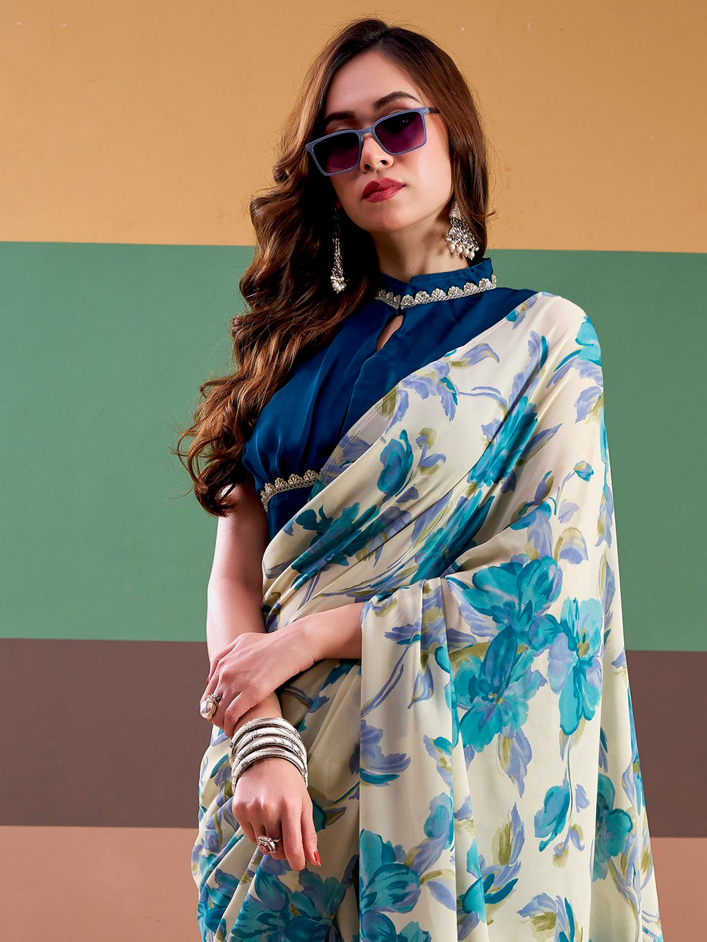 Precious Sky Blue Floral Printed Satin Casual Wear Saree With Blouse