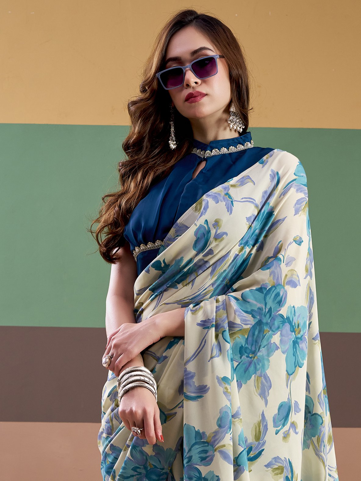 Precious Sky Blue Floral Printed Satin Casual Wear Saree With Blouse