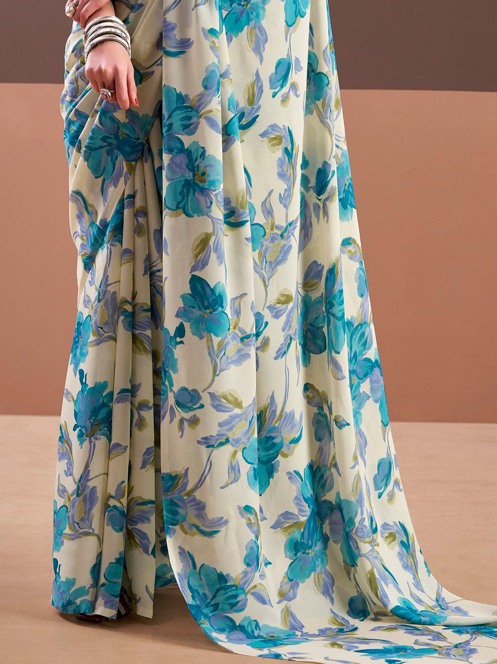 Precious Sky Blue Floral Printed Satin Casual Wear Saree With Blouse