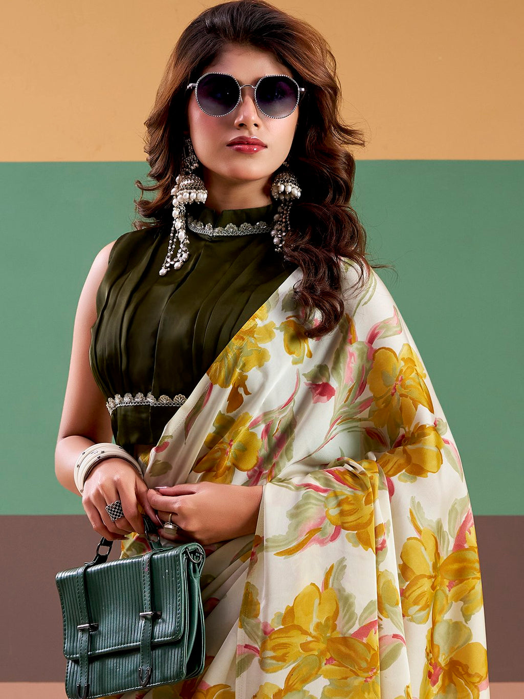 Aesthetic Yellow Floral Printed Satin Haldi Wear Saree With Blouse