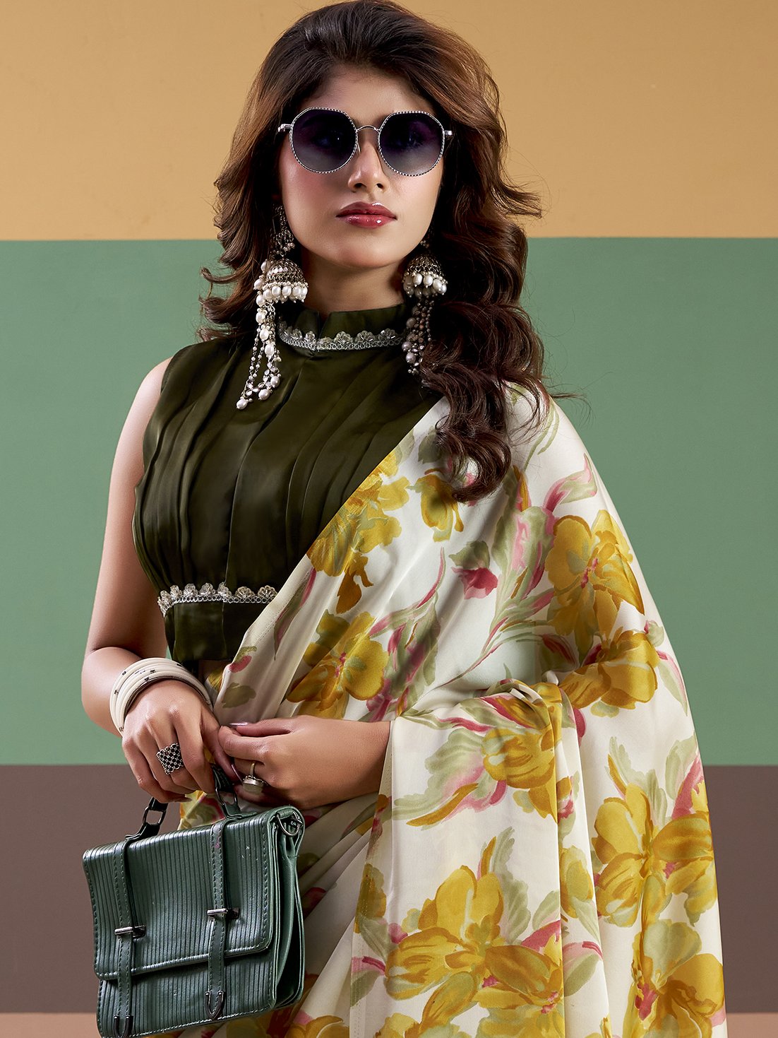 Aesthetic Yellow Floral Printed Satin Haldi Wear Saree With Blouse