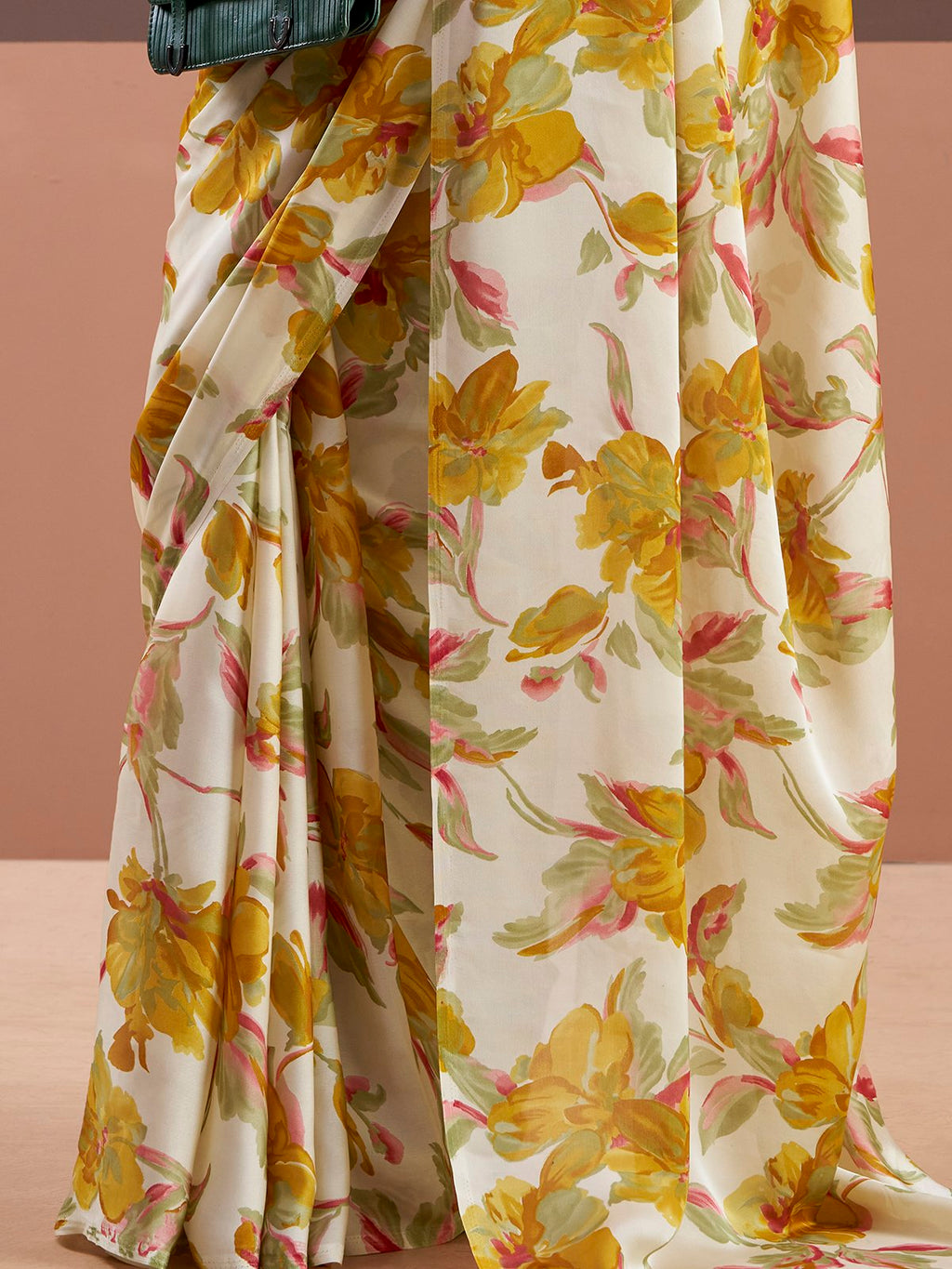 Aesthetic Yellow Floral Printed Satin Haldi Wear Saree With Blouse