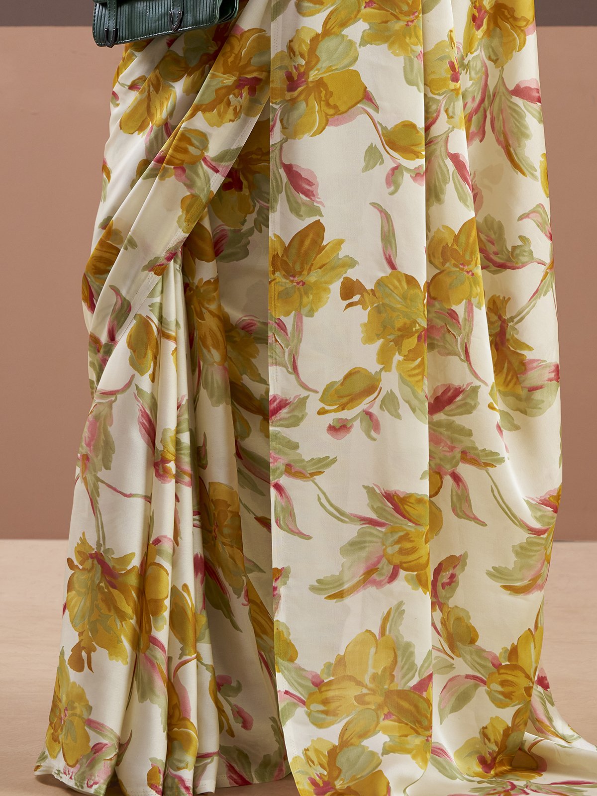 Aesthetic Yellow Floral Printed Satin Haldi Wear Saree With Blouse