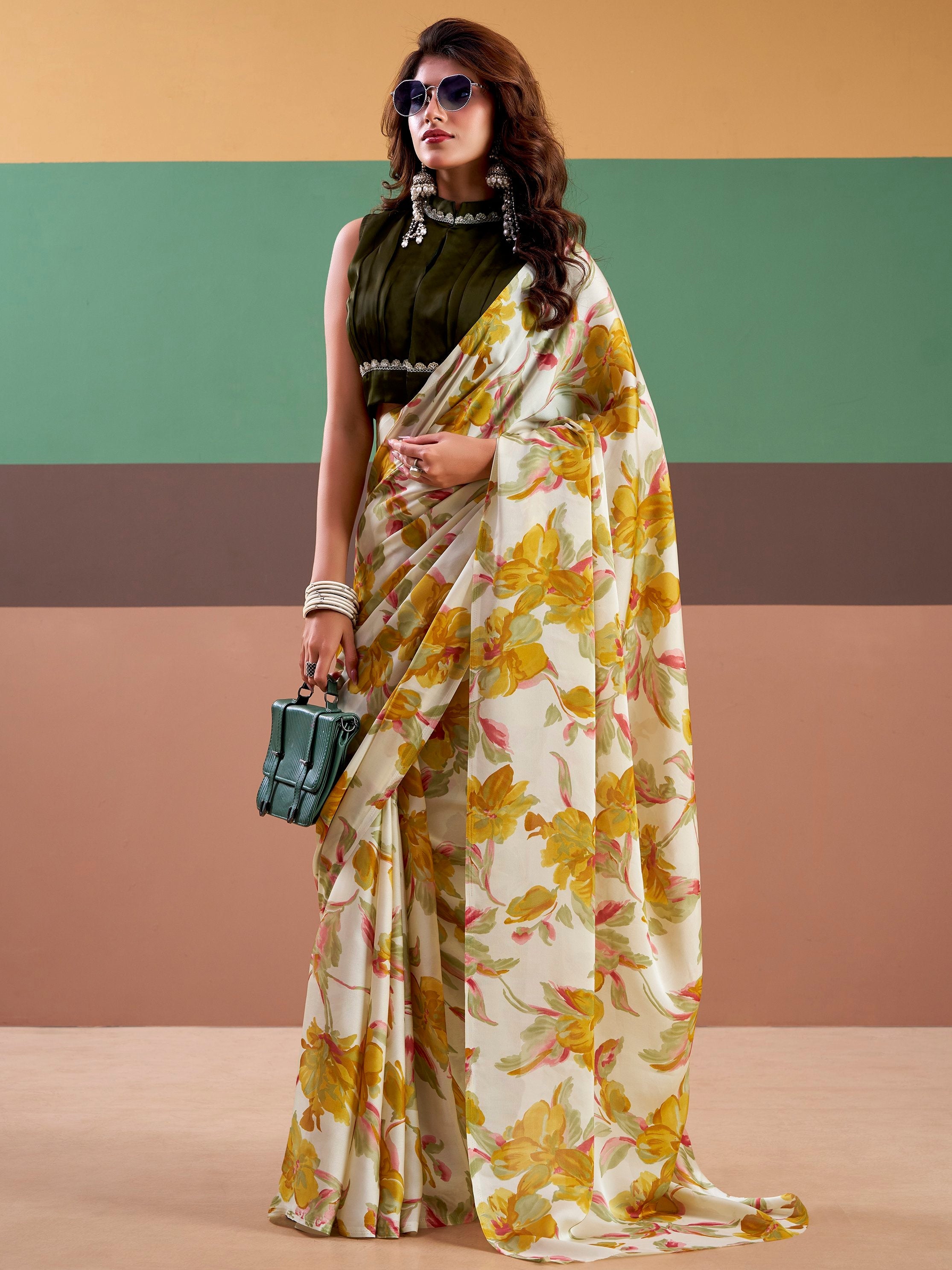 Aesthetic Yellow Floral Printed Satin Haldi Wear Saree With Blouse