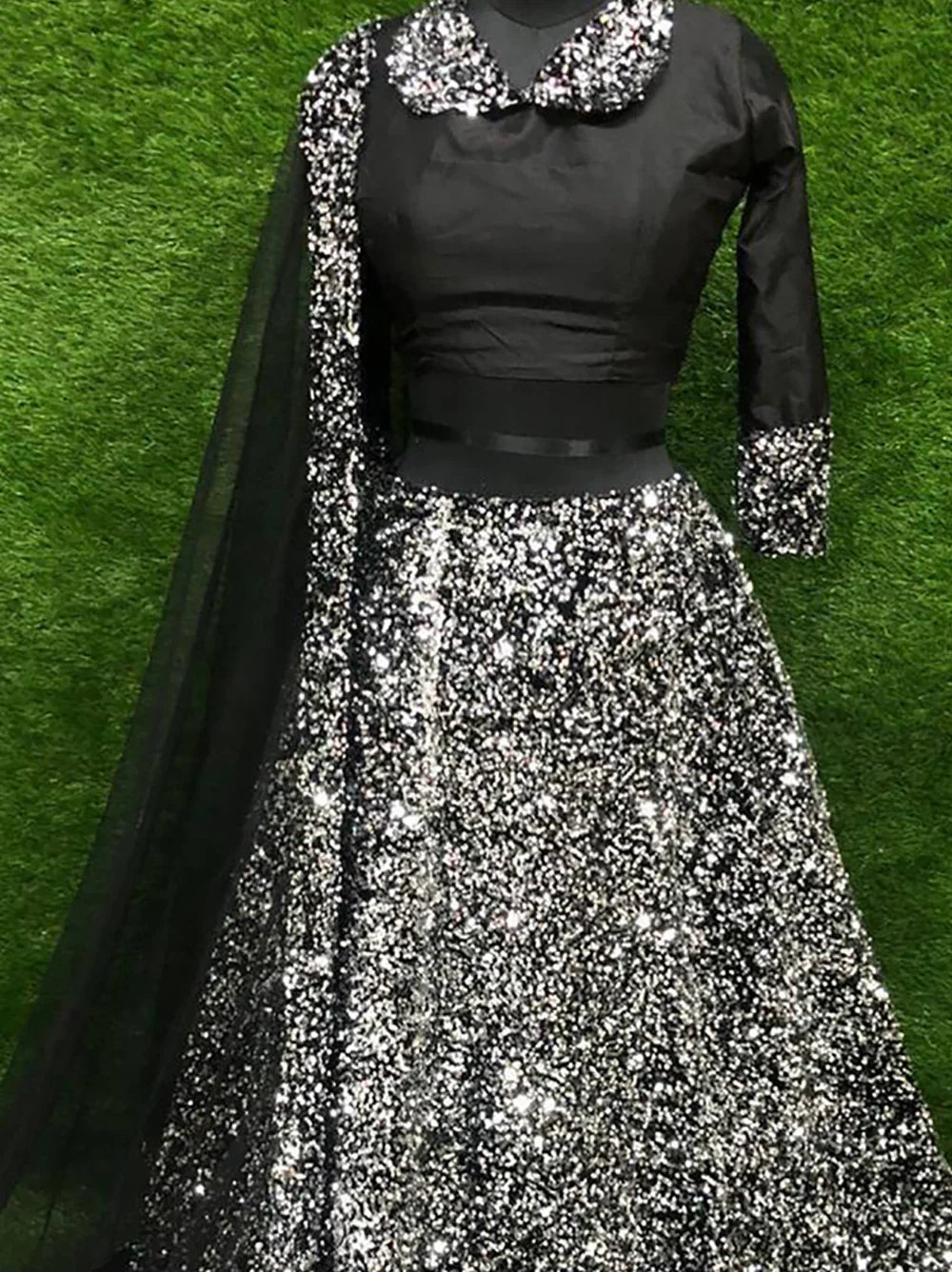 Grey Fully Sequins Velvet Party Wear Lehenga Choli