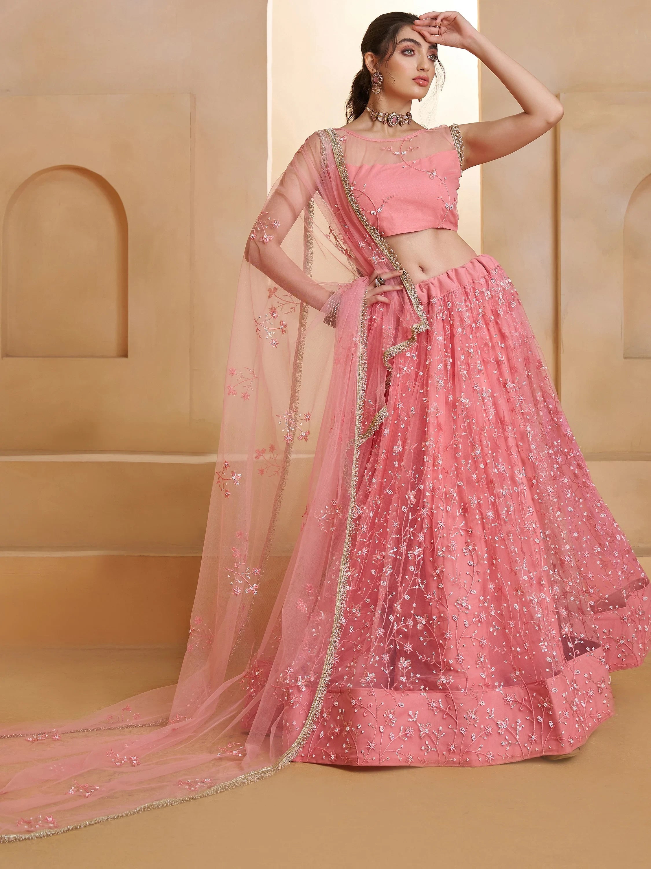 Sparkling Pink Thread Work Net Engagement Wear Lehenga With Blouse
