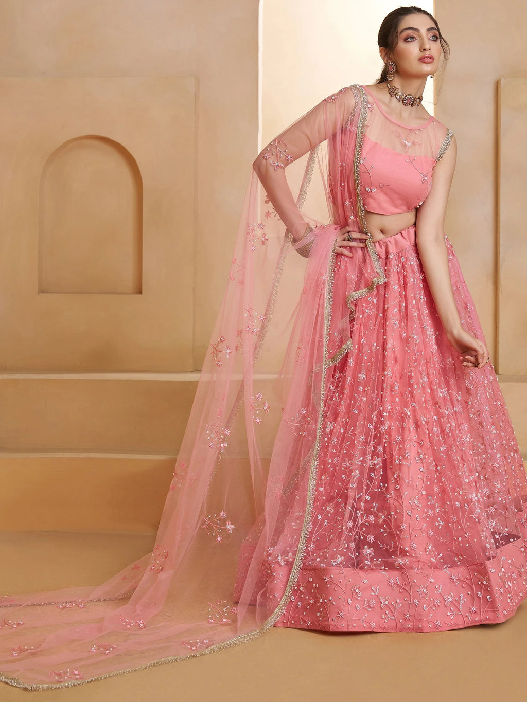 Sparkling Pink Thread Work Net Engagement Wear Lehenga With Blouse