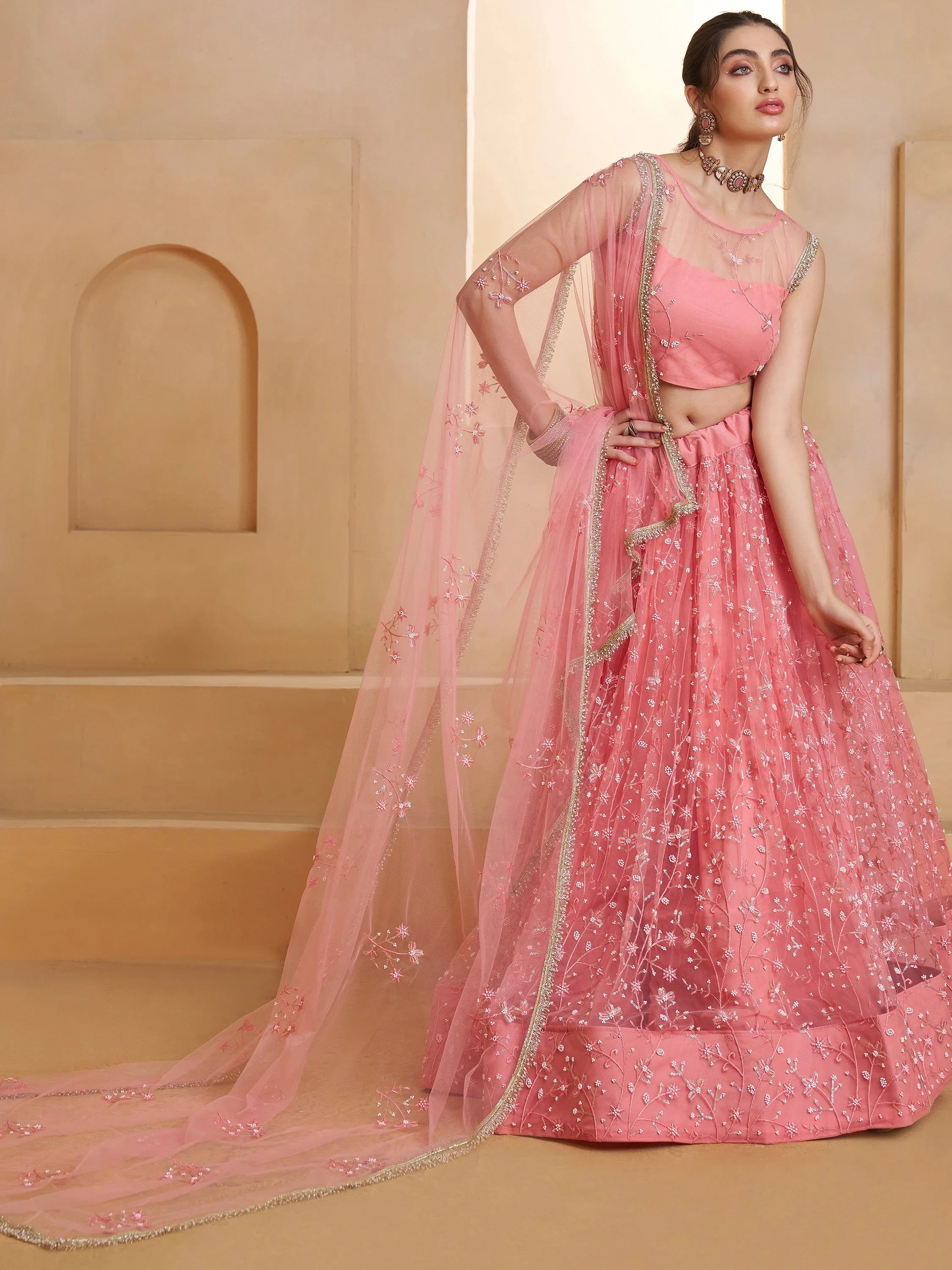 Sparkling Pink Thread Work Net Engagement Wear Lehenga With Blouse