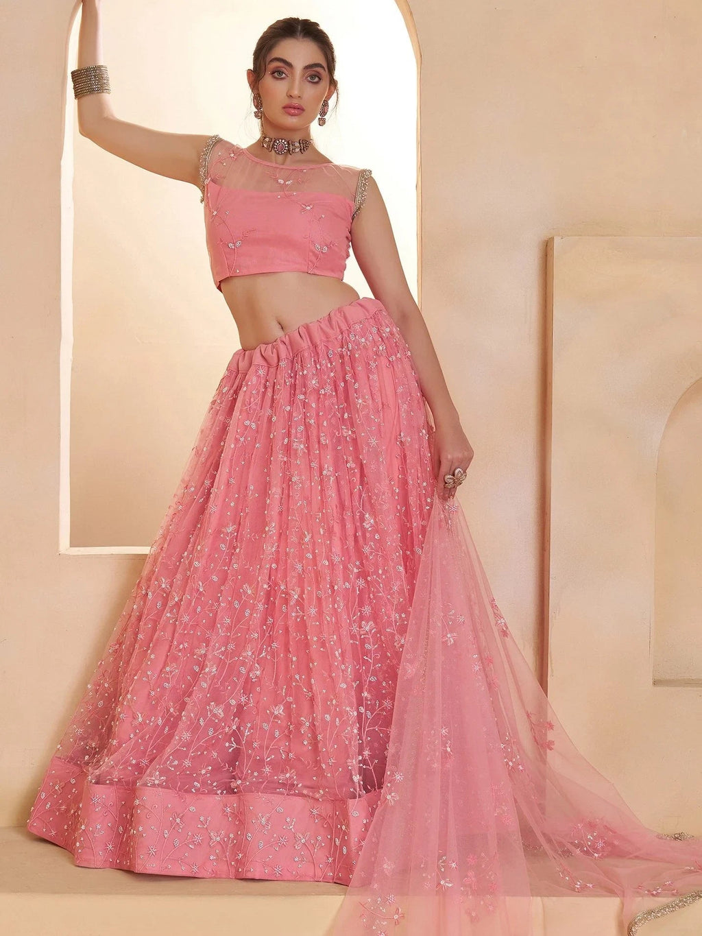 Sparkling Pink Thread Work Net Engagement Wear Lehenga With Blouse