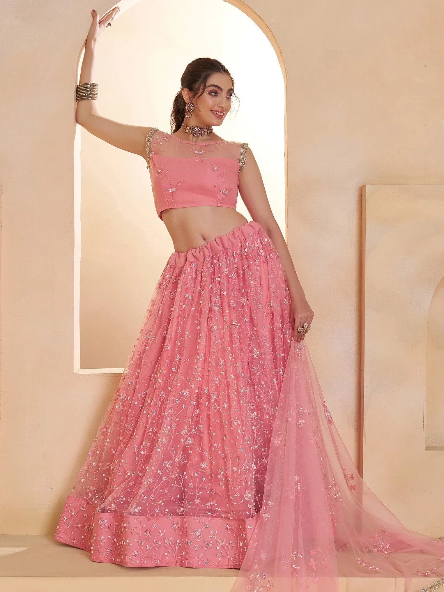 Sparkling Pink Thread Work Net Engagement Wear Lehenga With Blouse