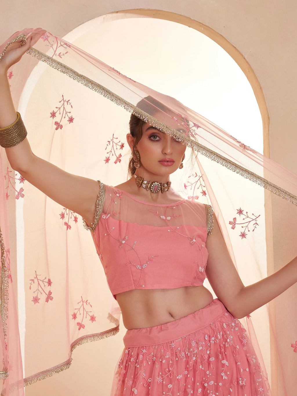 Sparkling Pink Thread Work Net Engagement Wear Lehenga With Blouse