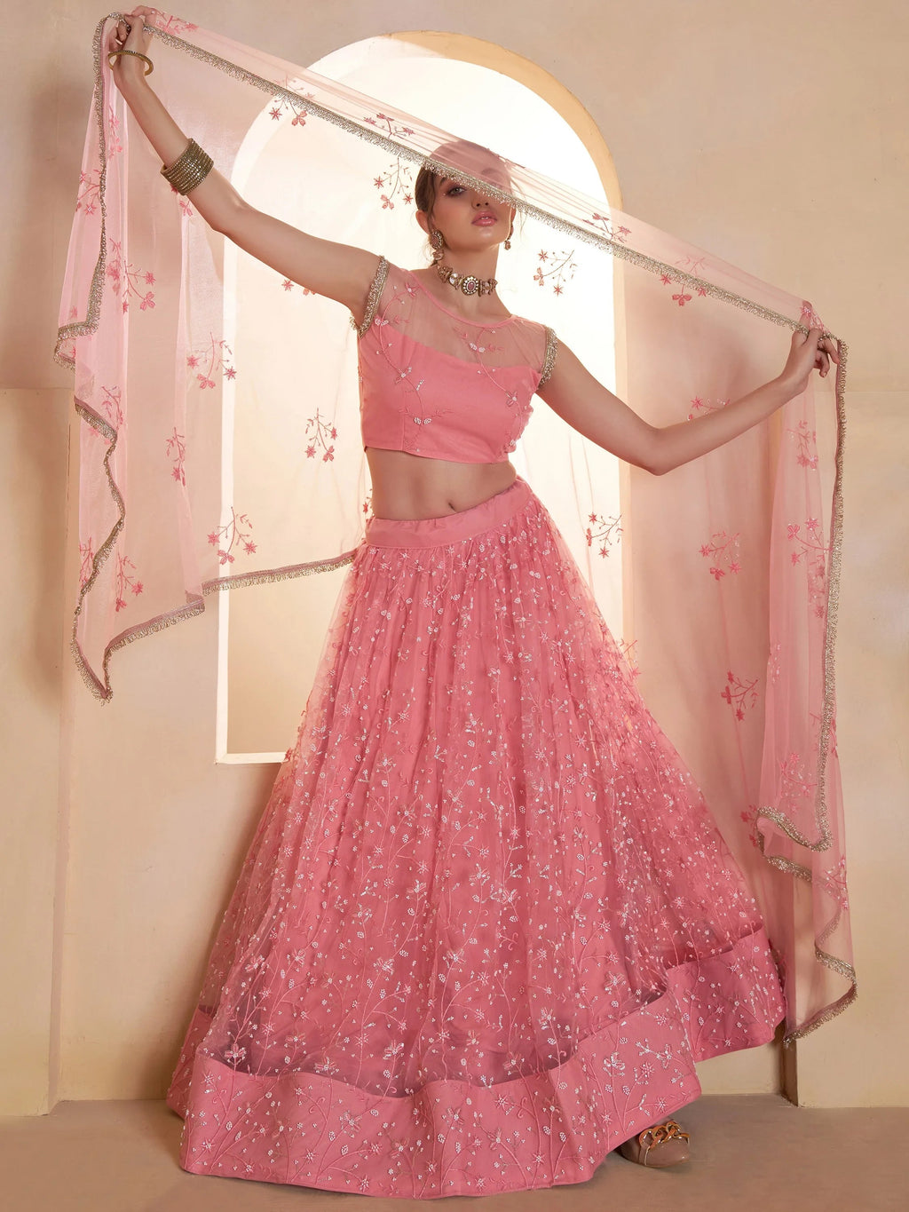 Sparkling Pink Thread Work Net Engagement Wear Lehenga With Blouse
