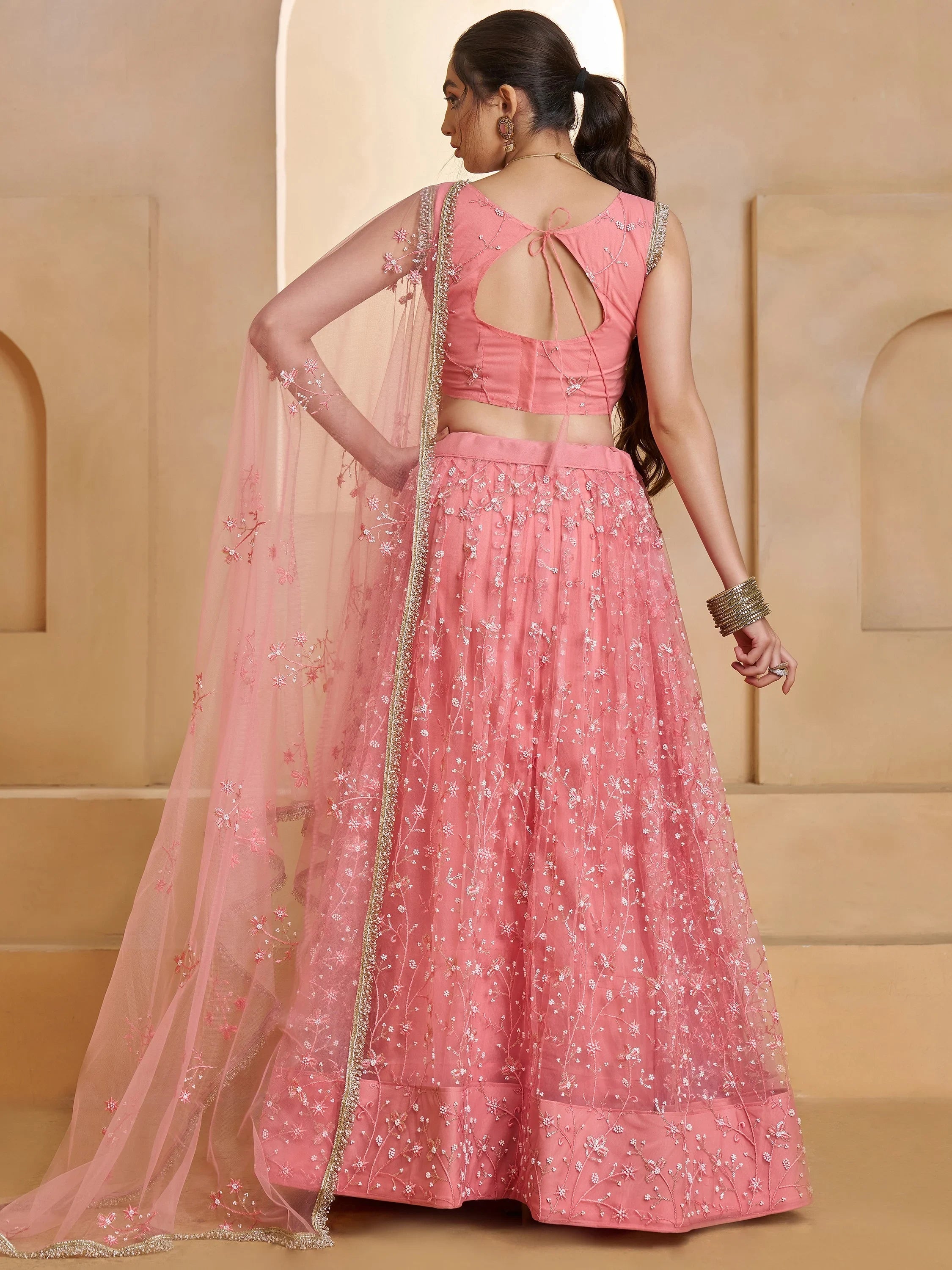 Sparkling Pink Thread Work Net Engagement Wear Lehenga With Blouse