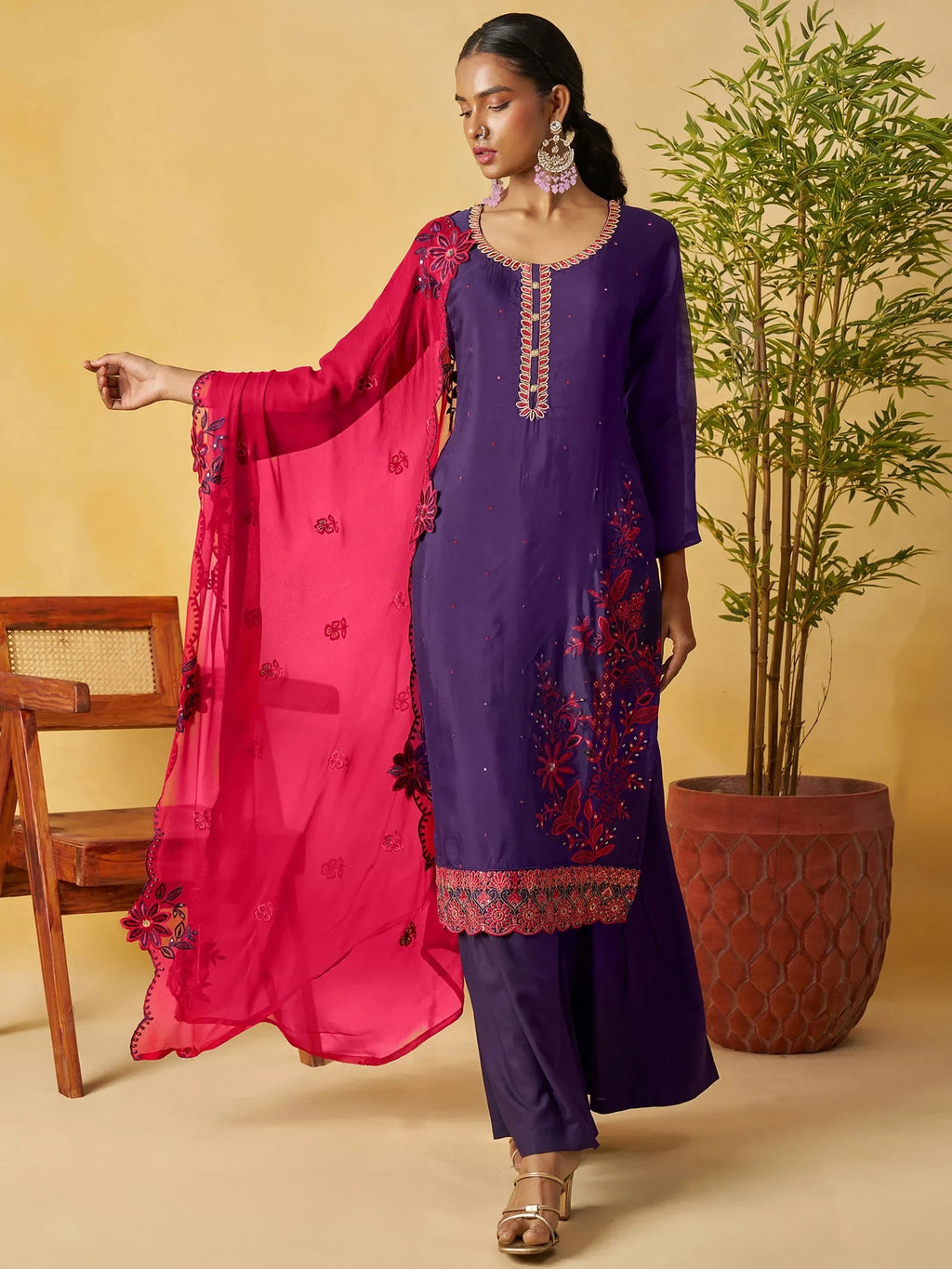 Elegant Purple Embroidered Organza Festival Wear Palazzo Suit