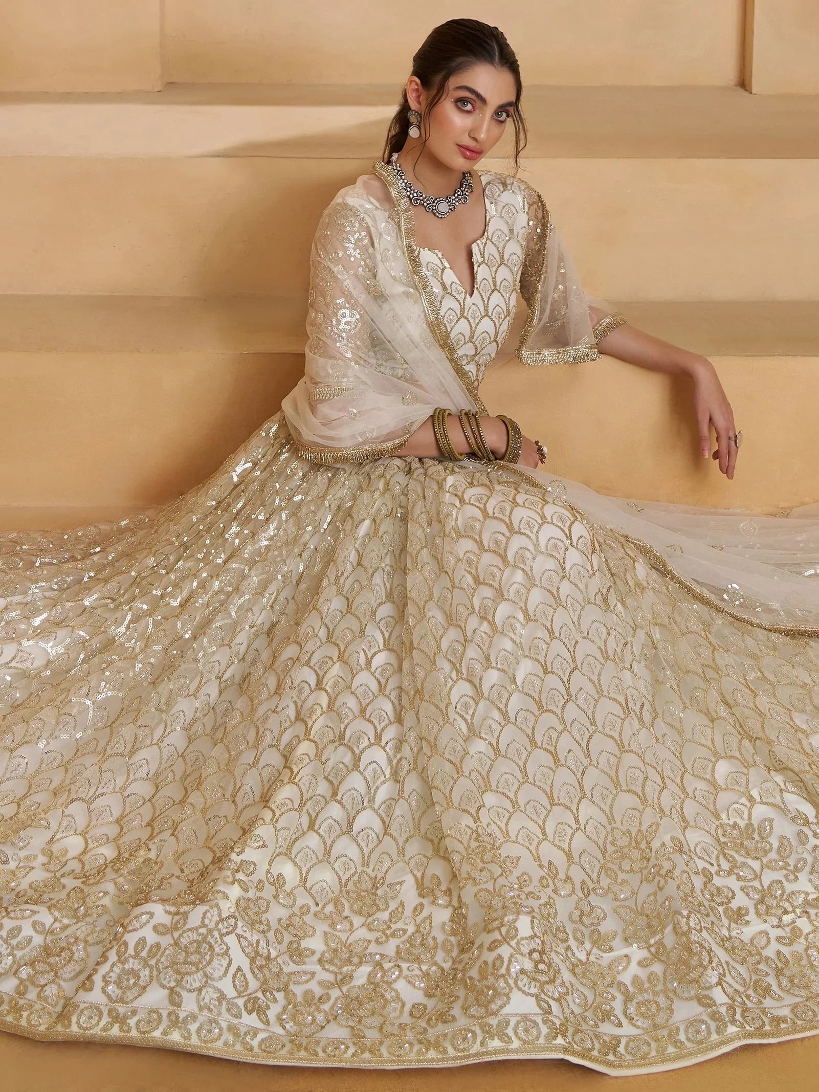 Shiny Off White Sequins Net Party Wear Lehenga Choli With Dupatta