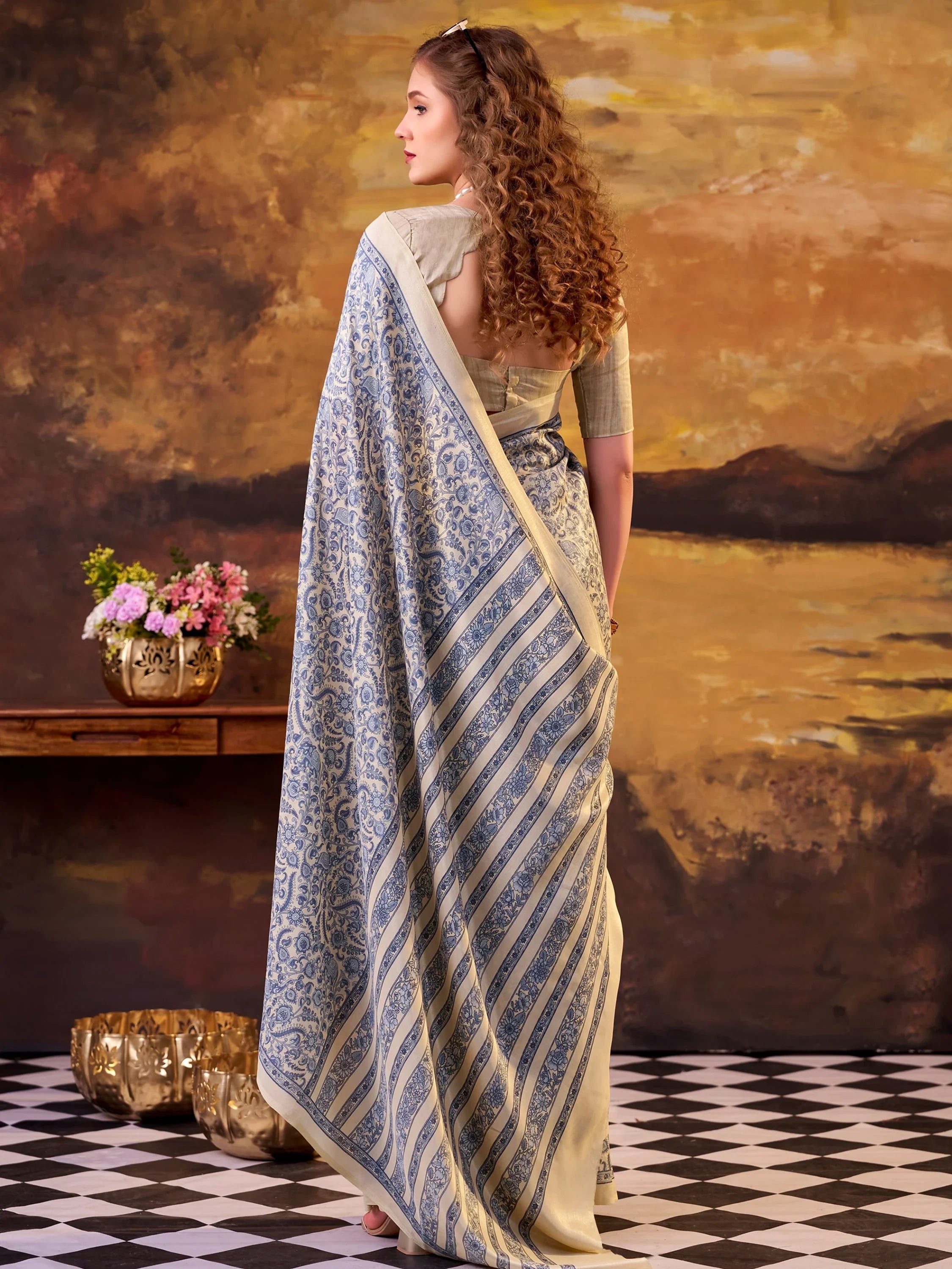 Blue Great Digital Printed Tussar Silk Casual Wear Saree With Blouse