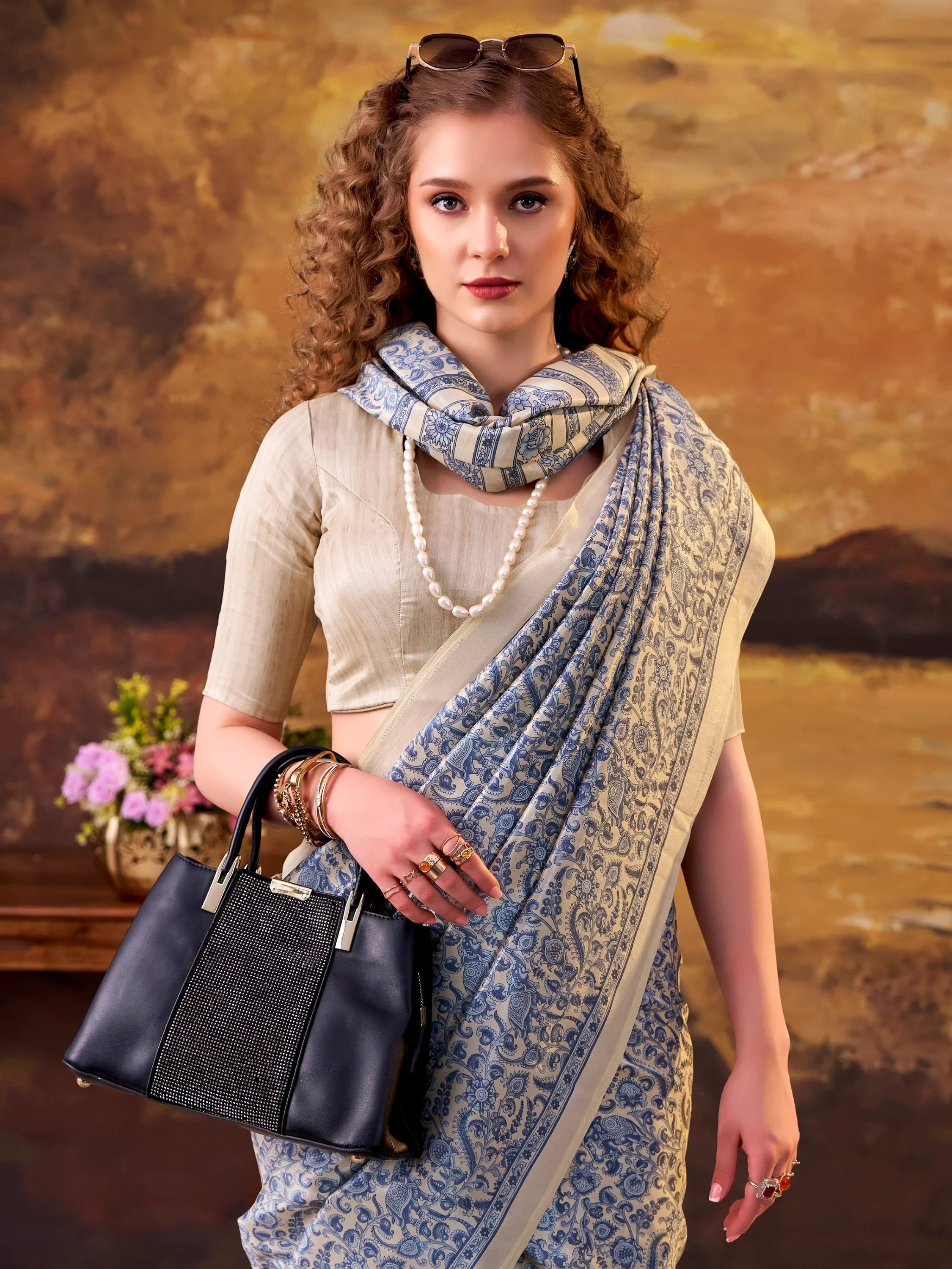 Blue Great Digital Printed Tussar Silk Casual Wear Saree With Blouse