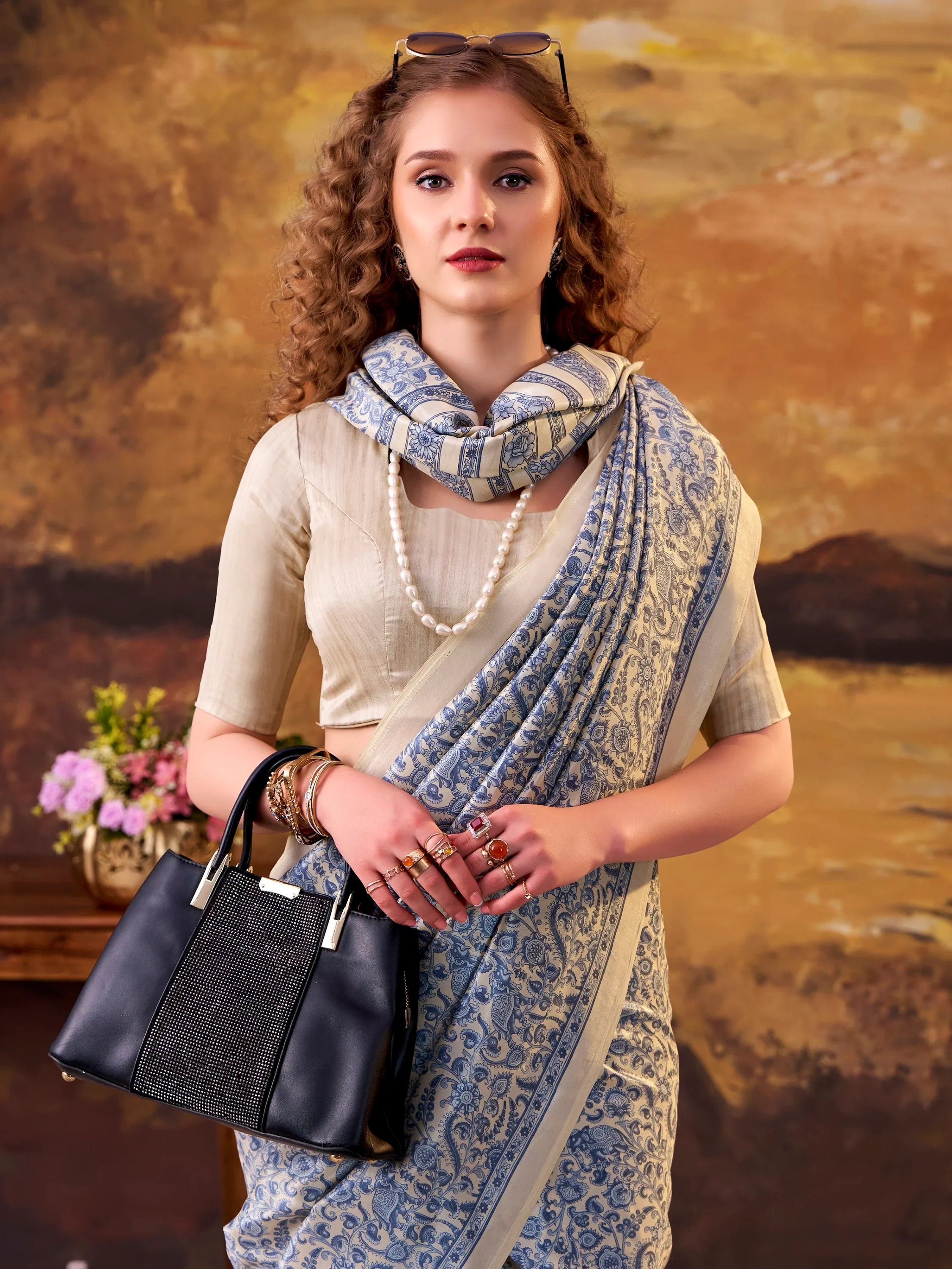 Blue Great Digital Printed Tussar Silk Casual Wear Saree With Blouse